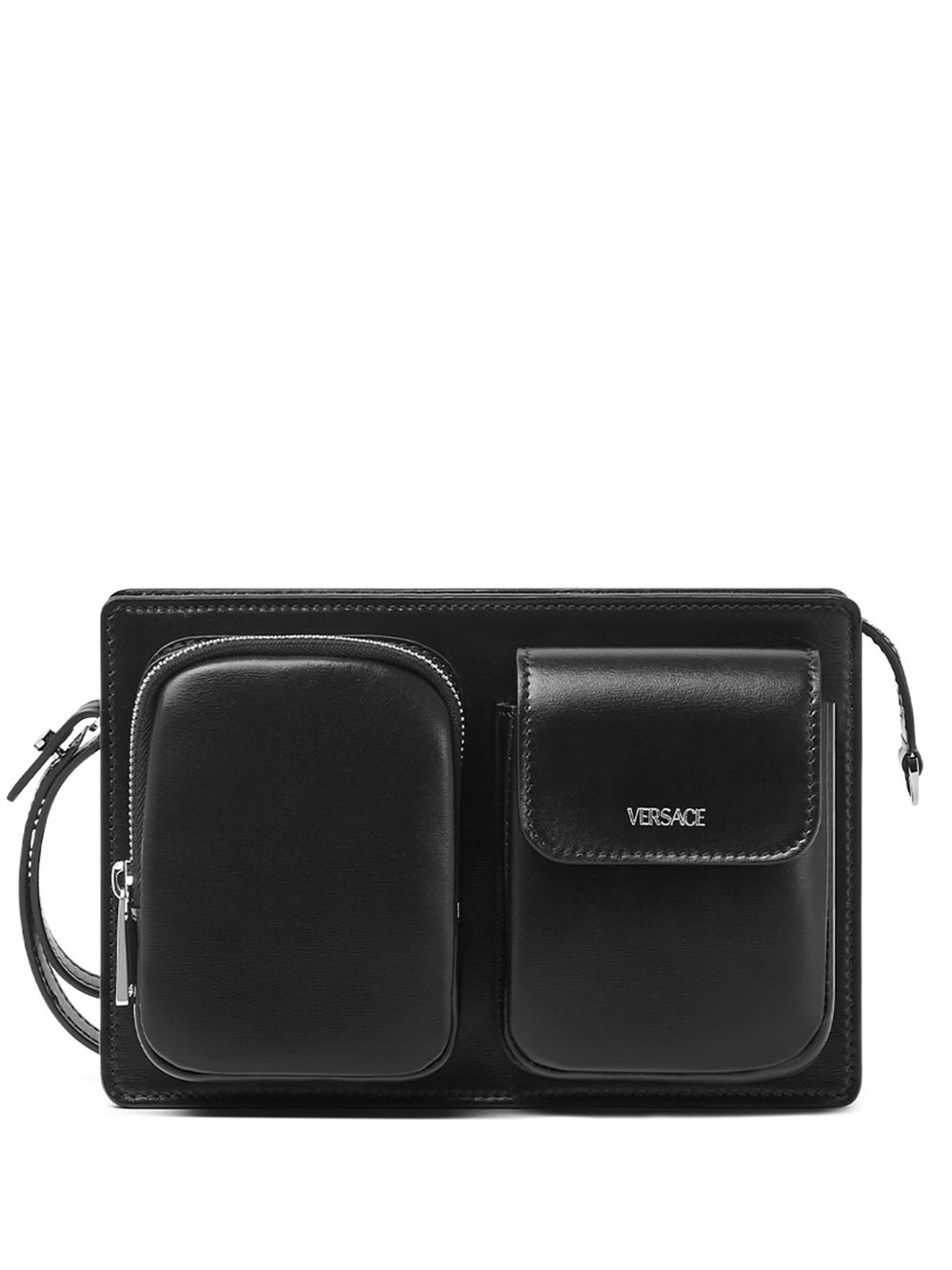 Versace logo印花皮质邮差包 - 黑色