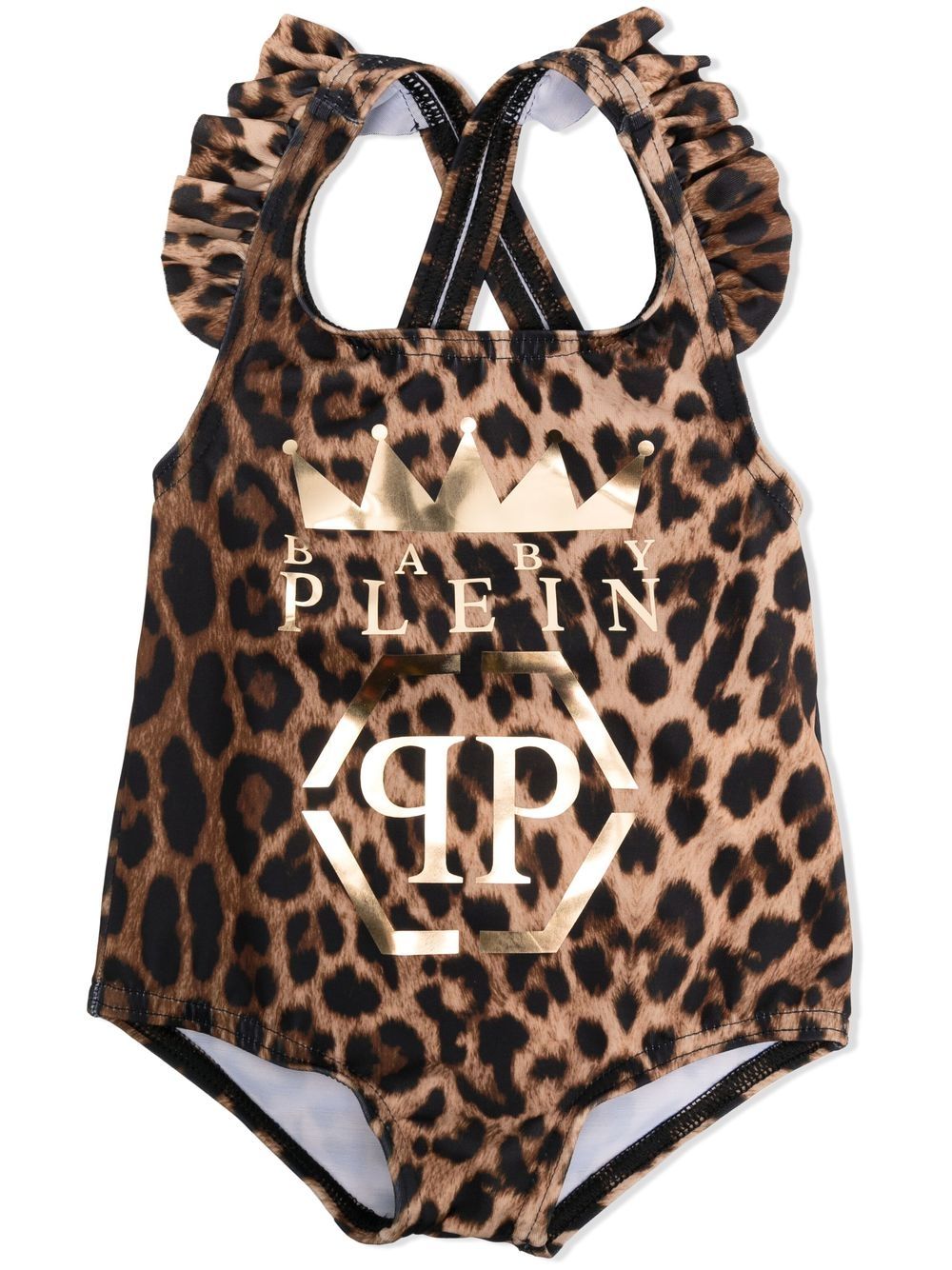 Philipp Plein Junior 豹纹logo连体泳衣 - 褐色