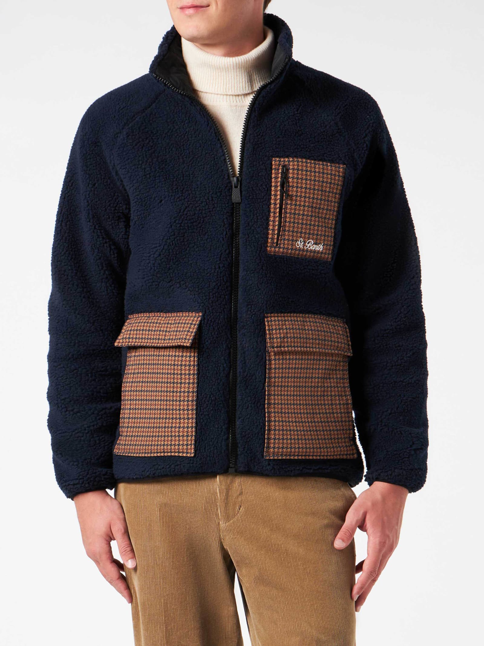 MC2 Saint Barth Man Blue Sherpa Jacket With Check Patch Pockets