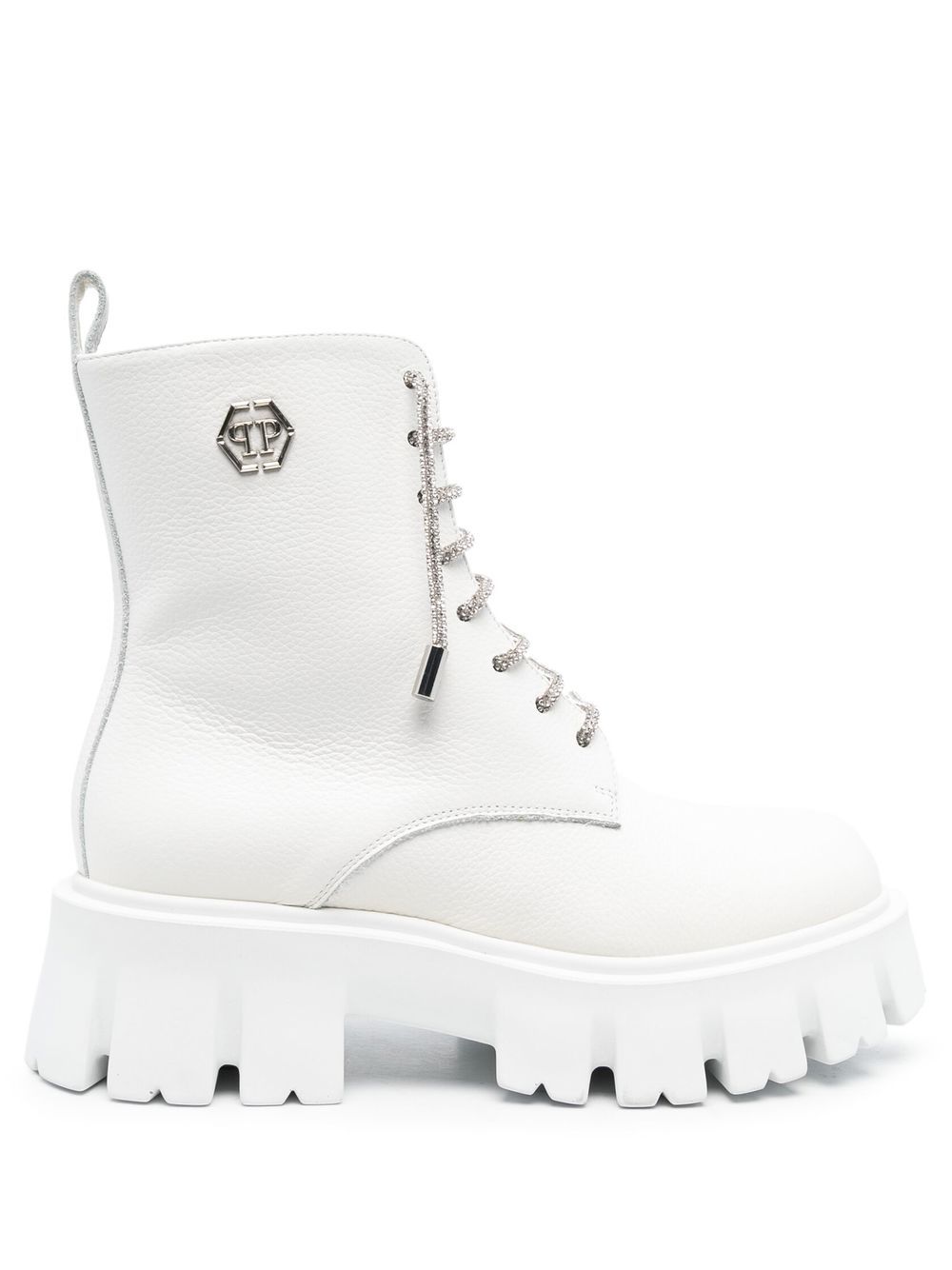 Philipp Plein logo标牌系带皮质短靴 - 白色