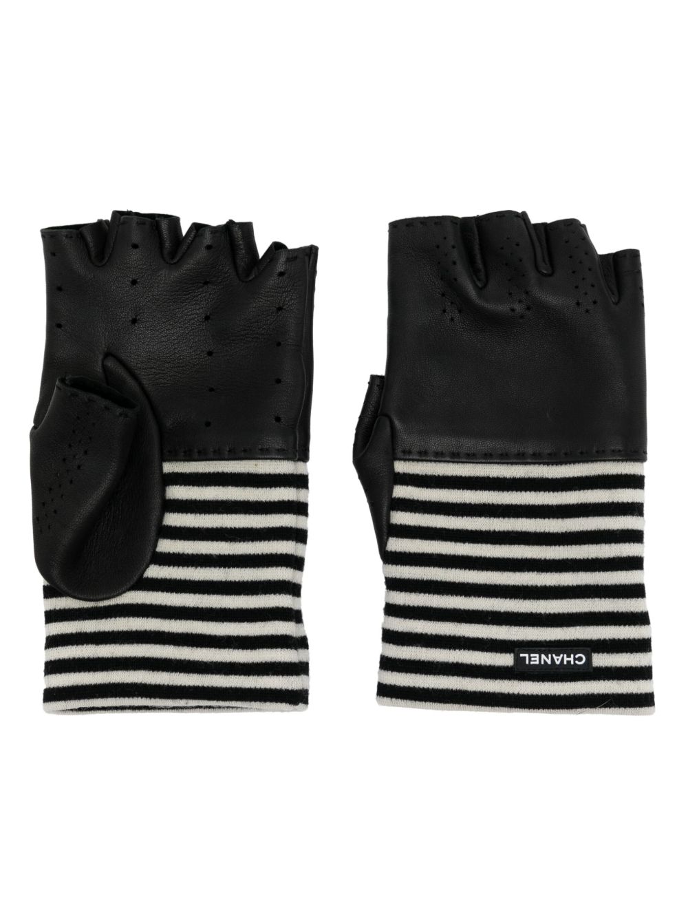 CHANEL Pre-Owned 条纹露指手套 - 黑色