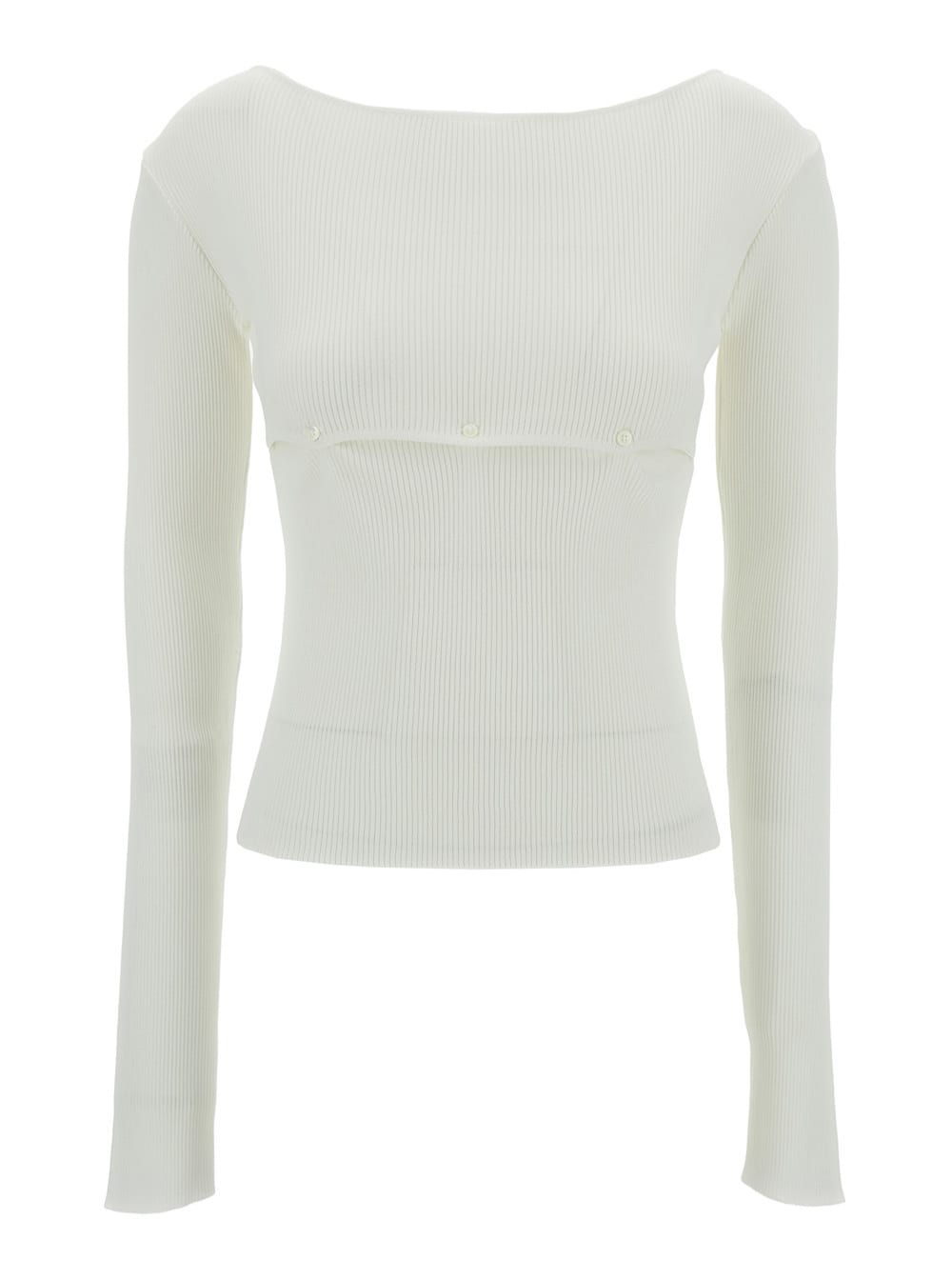Low Classic White Ribbed Top With Boat Neckline And Buttons In Rayon Blend Woman