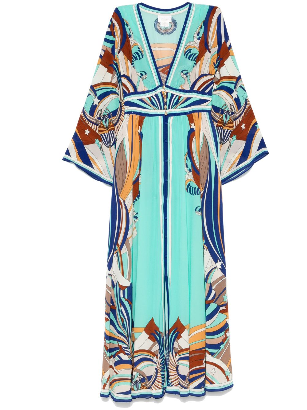 Camilla 抽褶细节喇叭袖超长连衣裙 - 蓝色