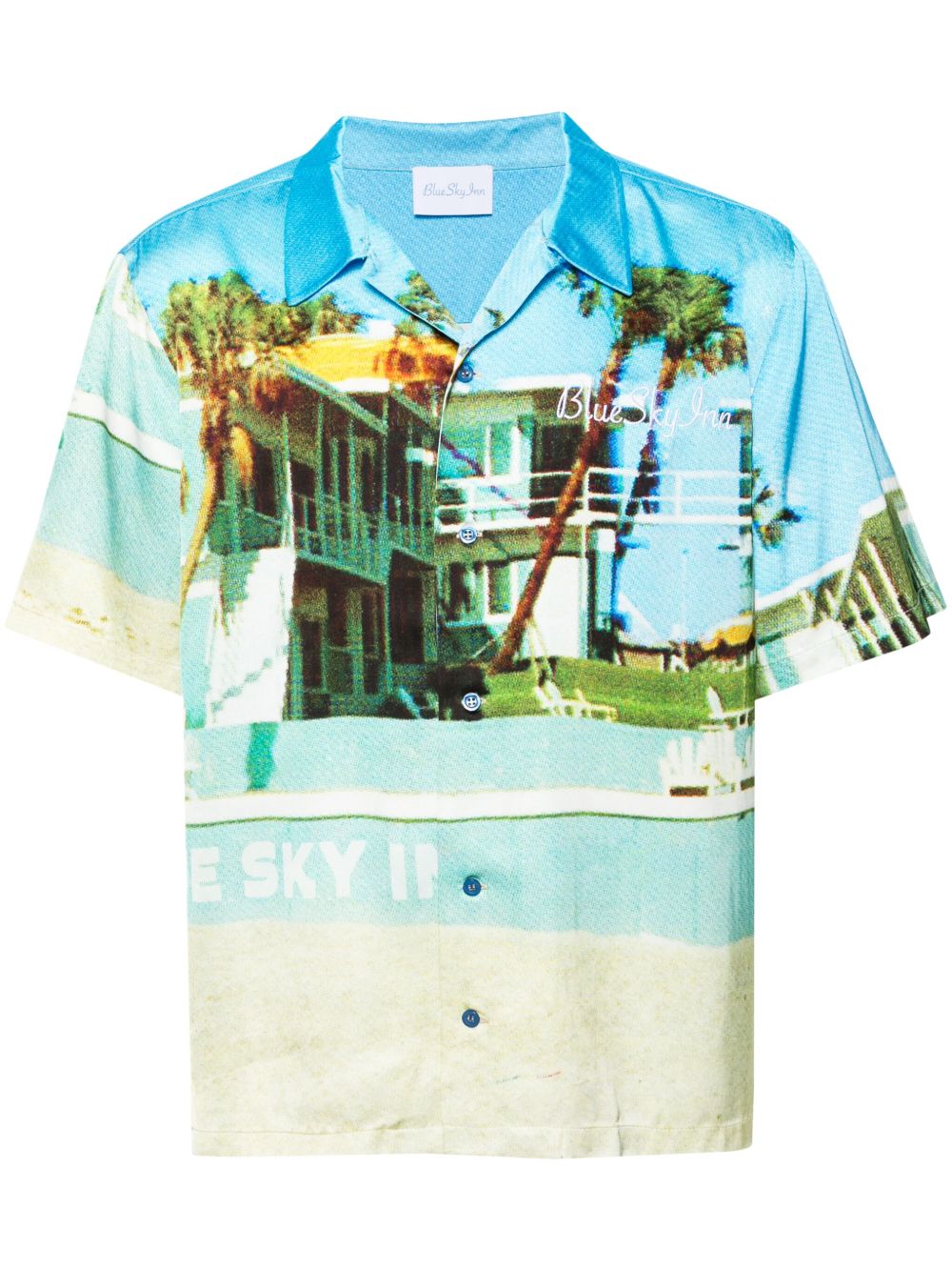BLUE SKY INN 照片印花缎面衬衫 - 蓝色