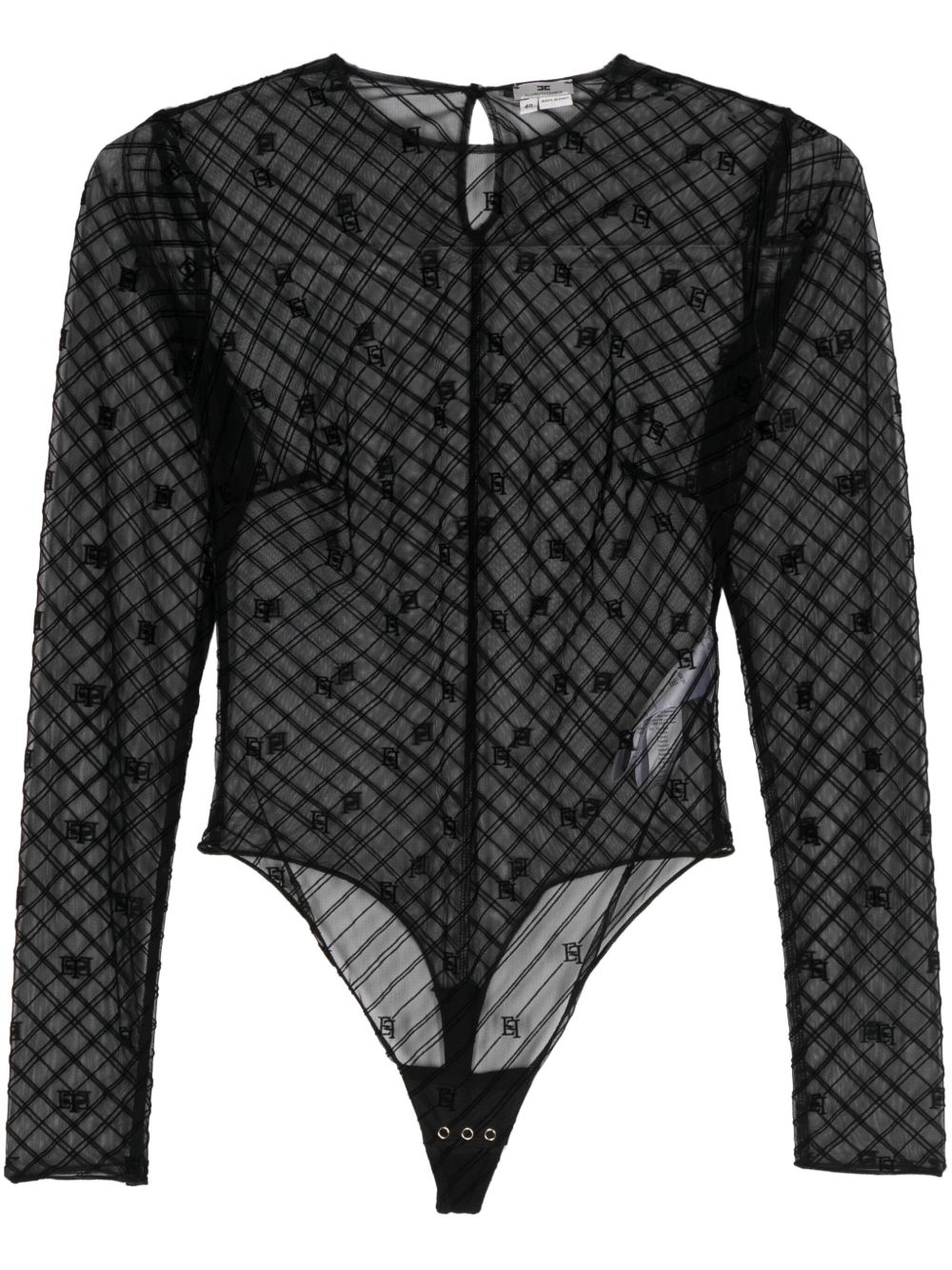 Elisabetta Franchi 植绒经典logo提花连体紧身衣 - 黑色