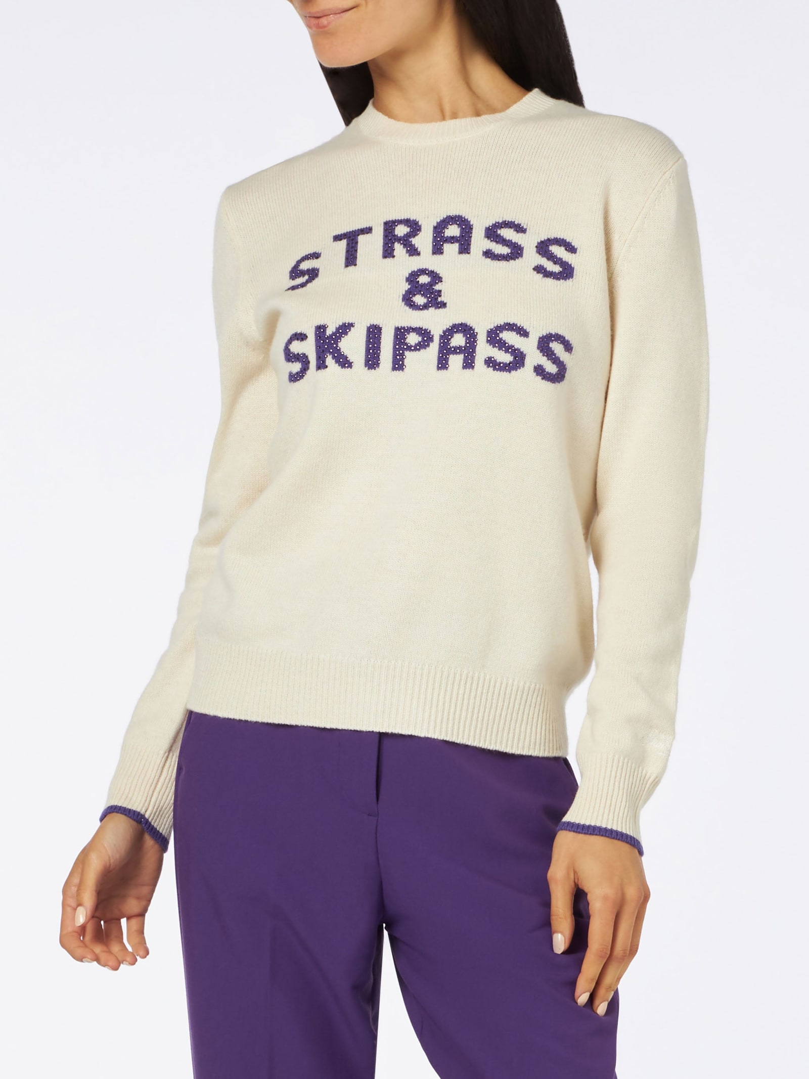 MC2 Saint Barth Woman Crewneck White Sweater With Strass & Skipass Rhinestone Print
