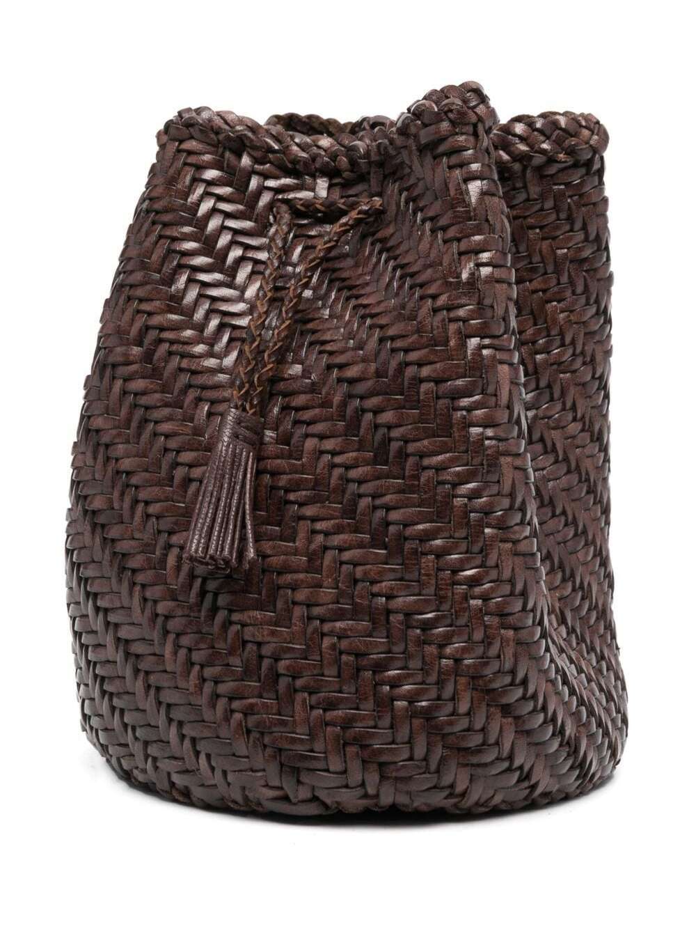 Dragon Diffusion pompom Double Jump Brown Bucket Bag With Shoulder Strap In Hand-woven Leather Woman