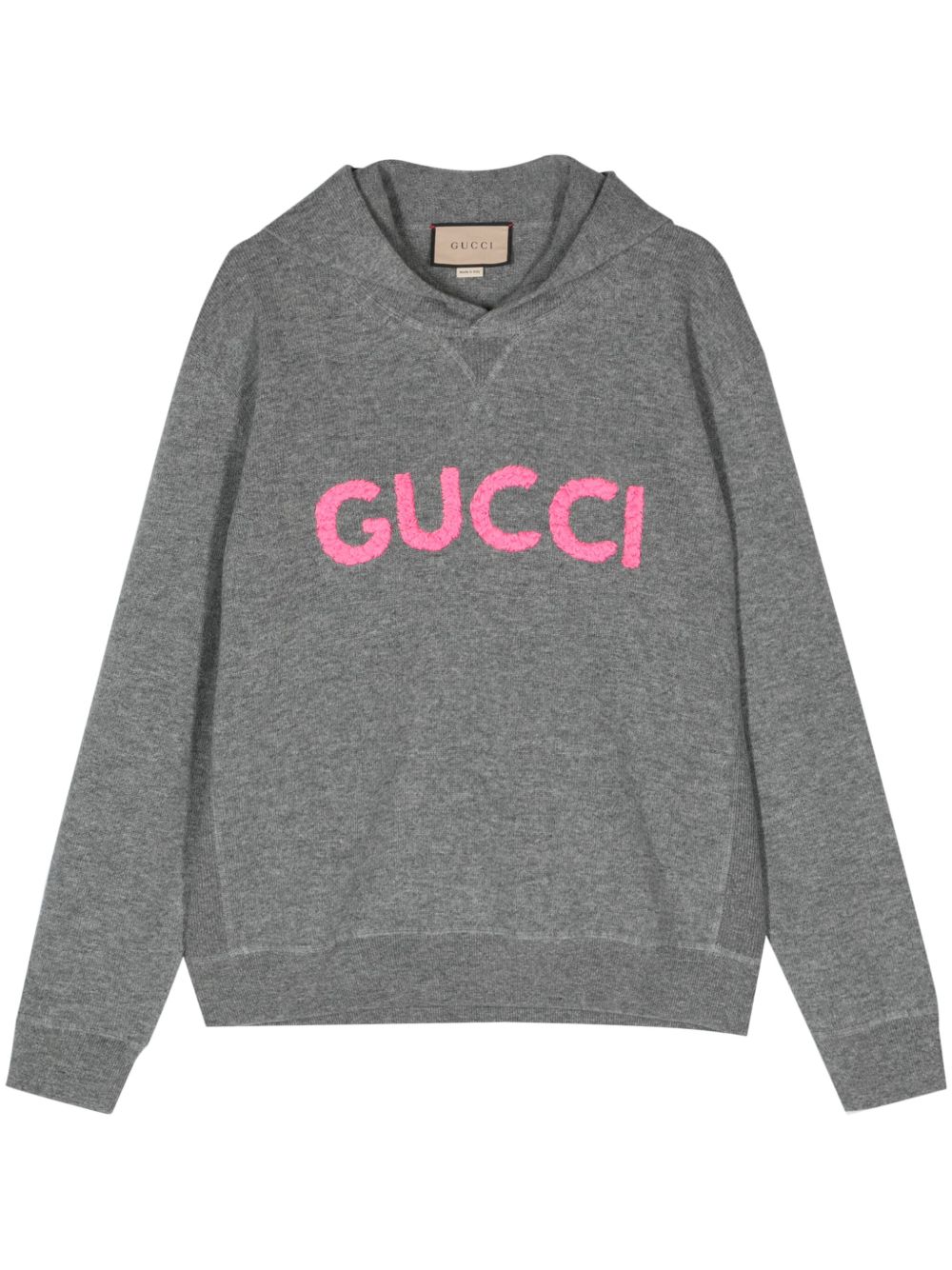 Gucci logo刺绣羊毛连帽衫 - 灰色