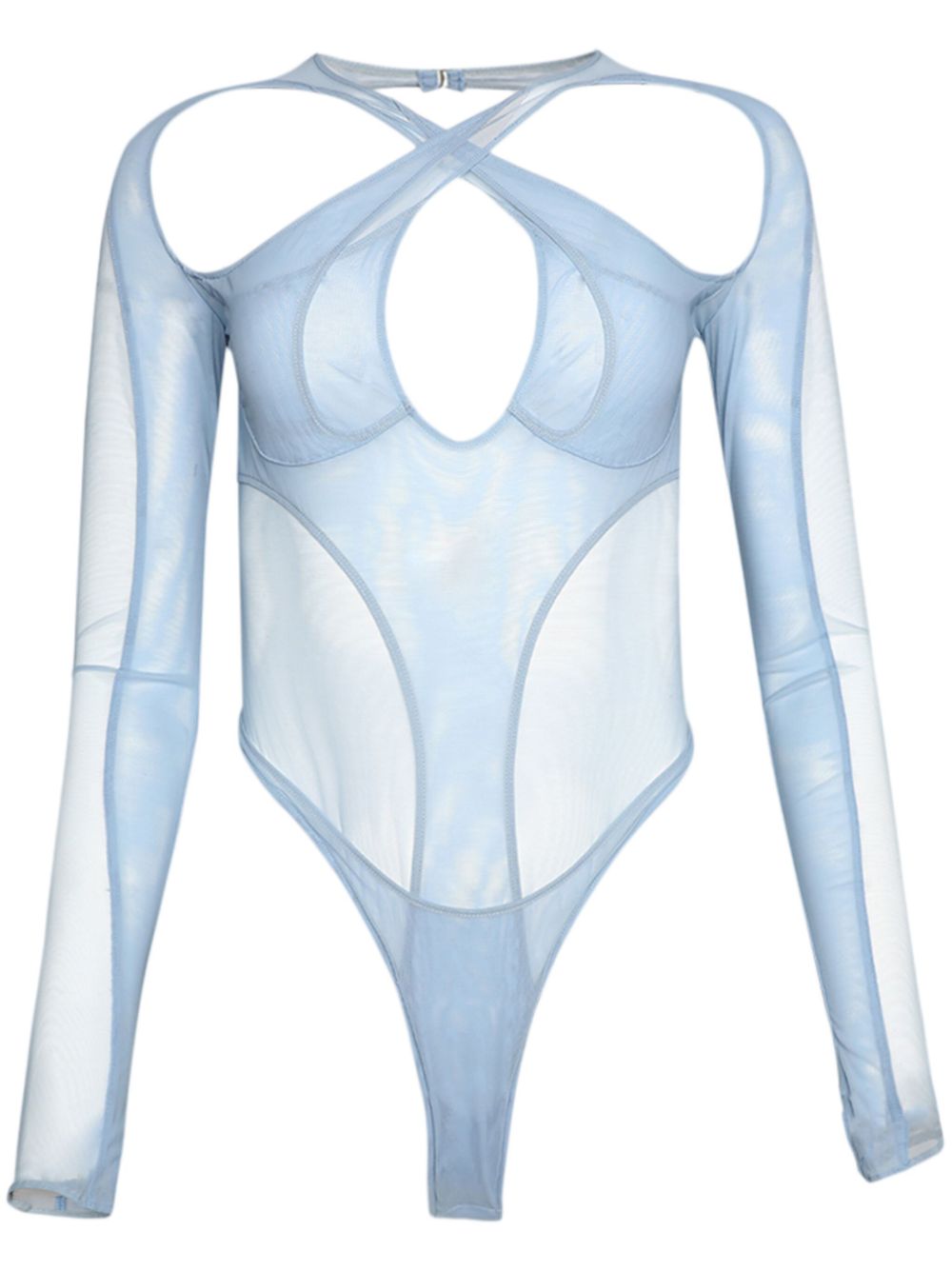 Mugler 半透明拼接长袖连体紧身衣 - 蓝色