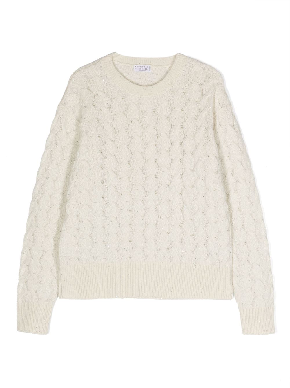 Brunello Cucinelli Kids 金属感缝线粗绞花针织毛衣 - 中性色