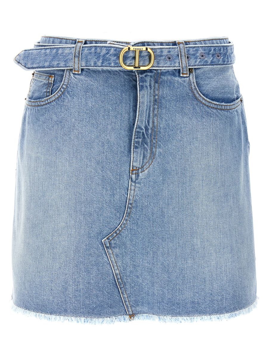 Light Blue Mini Skirt With Belt With Logo In Denim Woman