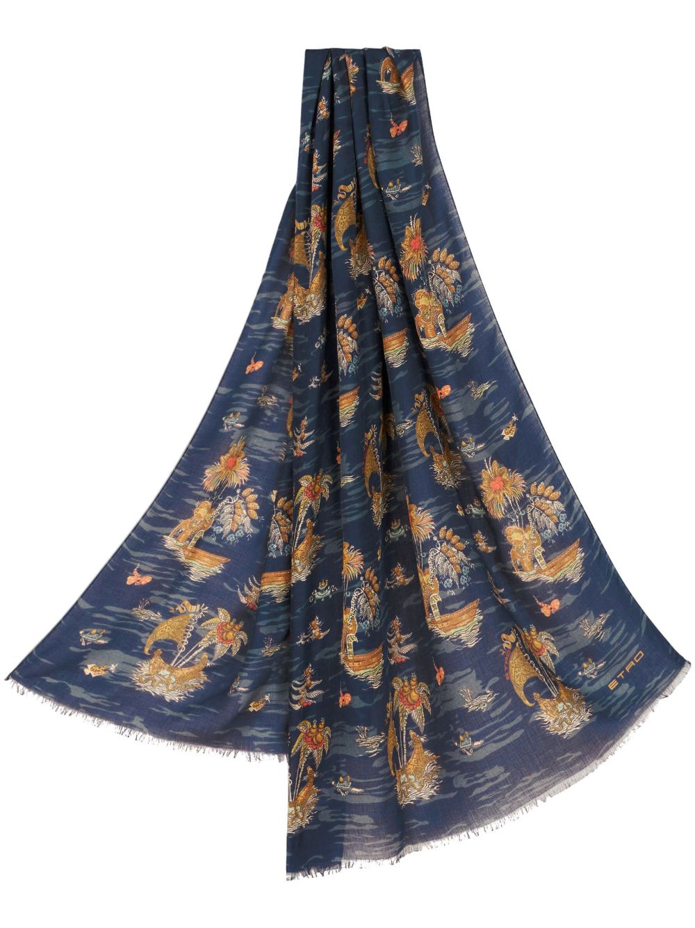 ETRO 图案印花磨损边围巾 - 蓝色