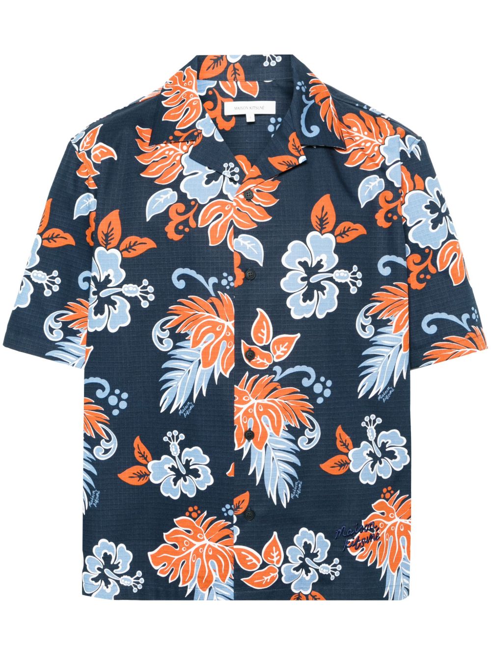 Maison Kitsuné 花卉印花防撕裂方格布衬衫 - 蓝色