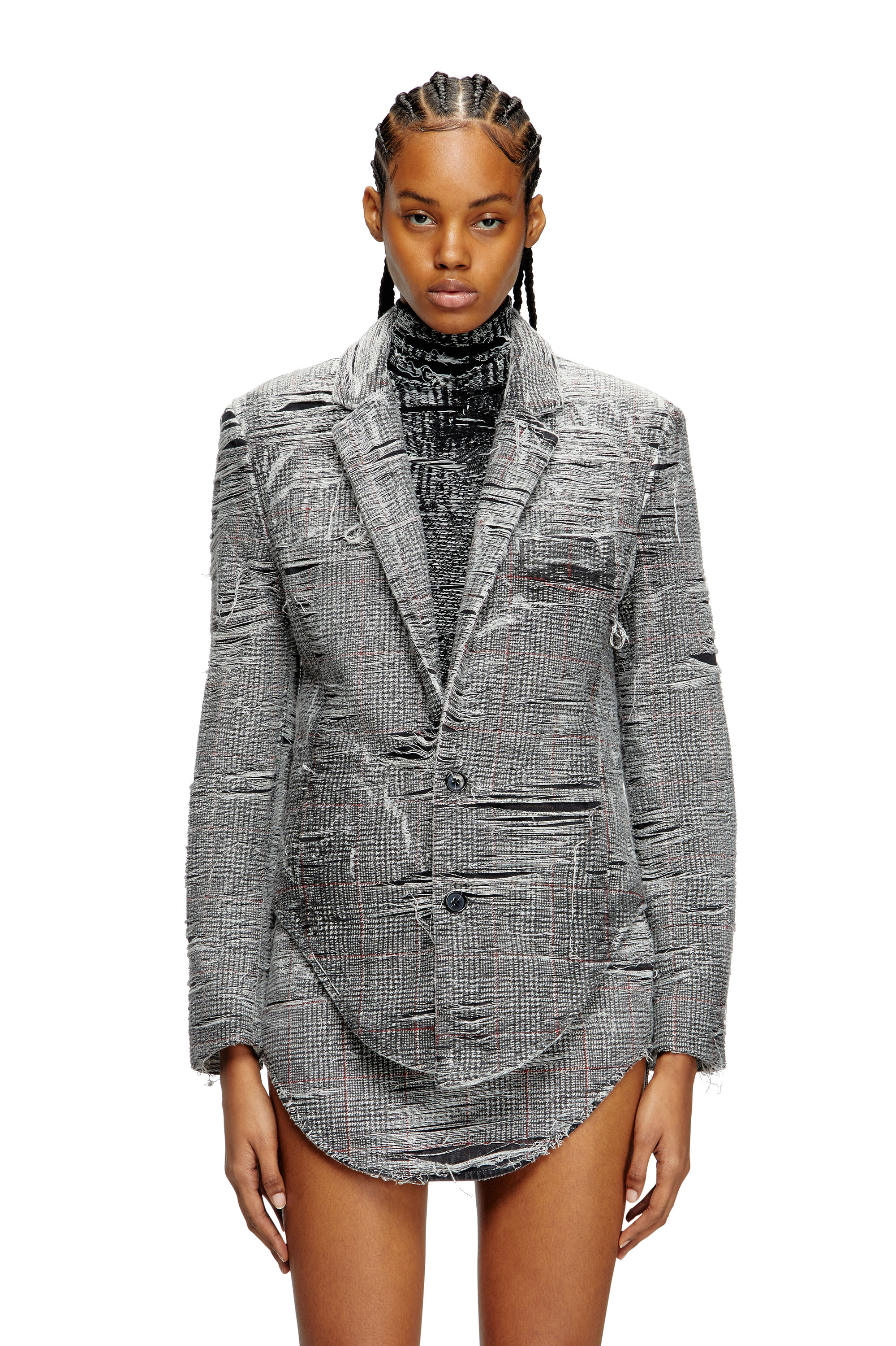 Diesel - Blazer in distressed Prince of Wales denim - Denim Jackets - Woman - Grey