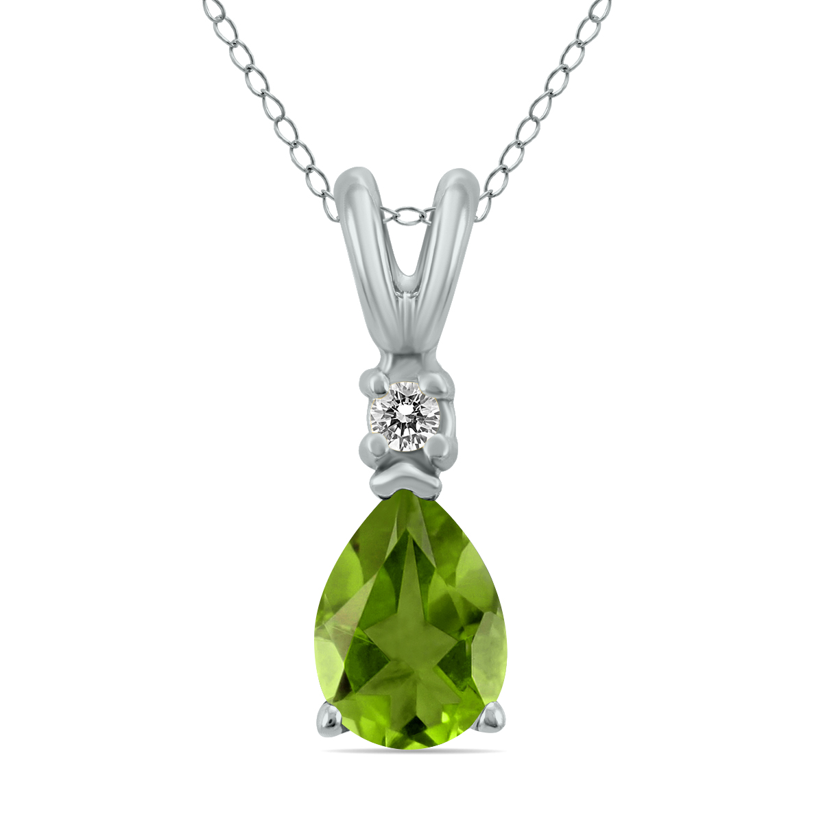 14K White Gold 8x6MM Pear Peridot and Diamond Pendant