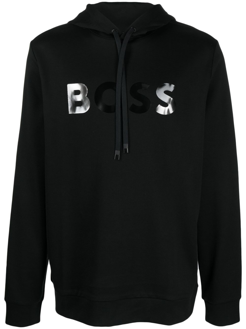 BOSS 镜面效果logo抽绳连帽衫 - 黑色