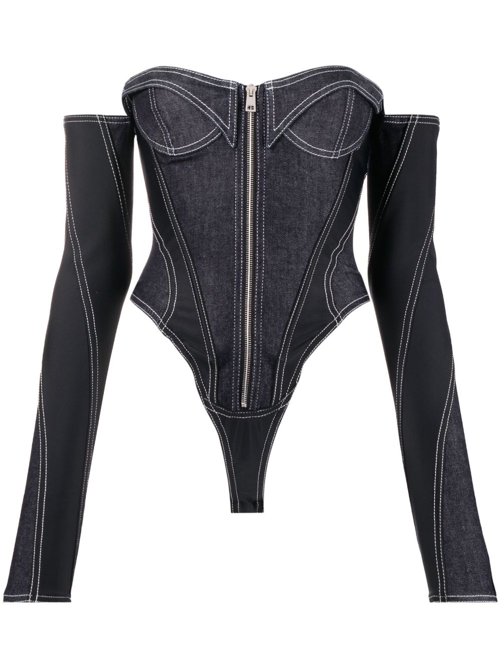 Mugler 牛仔效果紧身胸衣式连体紧身衣 - 蓝色