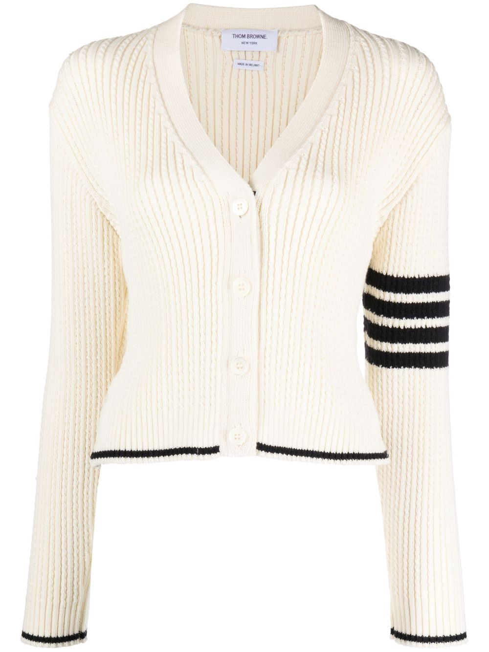 Thom Browne 条纹细节粗绞花针织开衫 - 白色