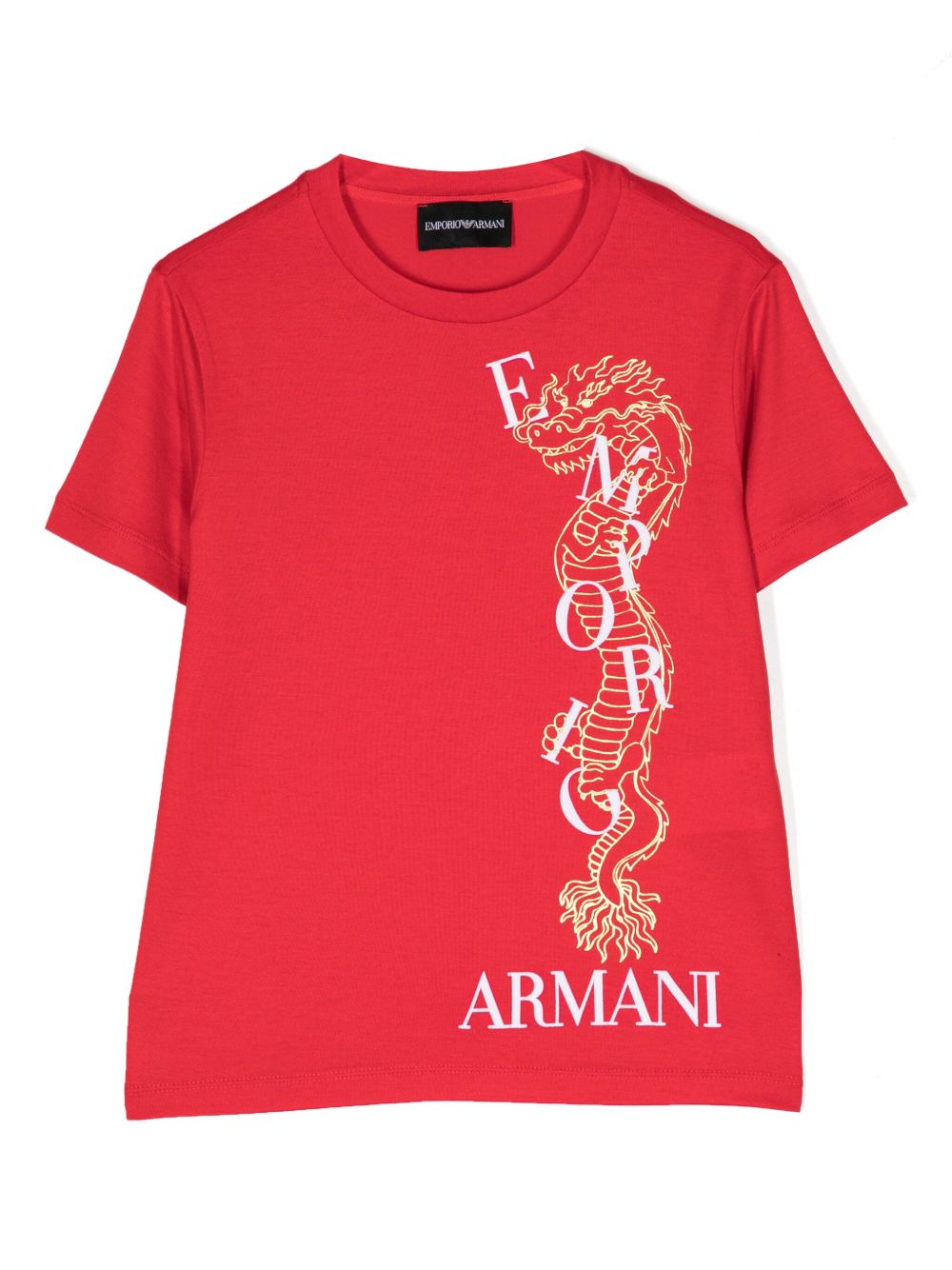 Emporio Armani Kids 飞龙印花圆领T恤 - 红色