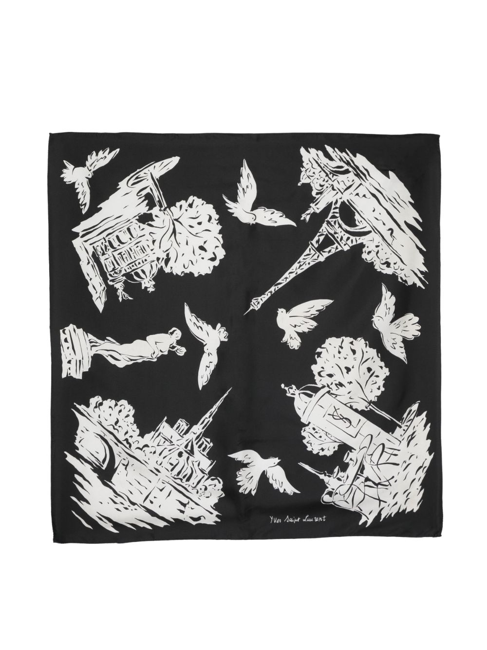 Saint Laurent Pre-Owned 图案印花真丝围巾（1990年代典藏款） - 黑色