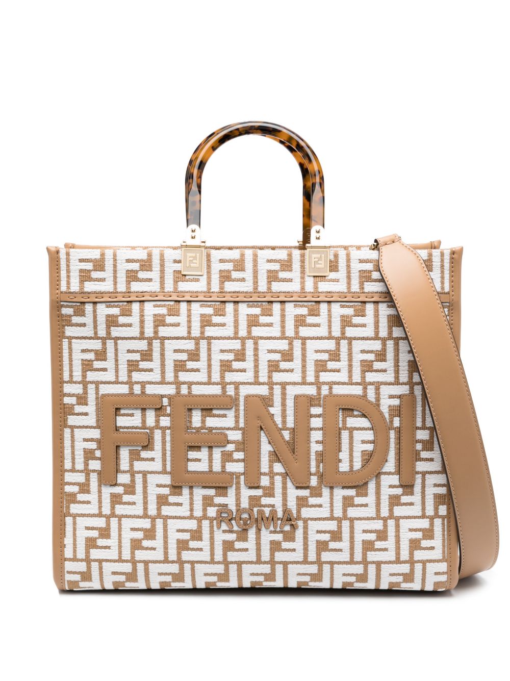 FENDI Sunshine 中号拉菲草手提包 - 褐色