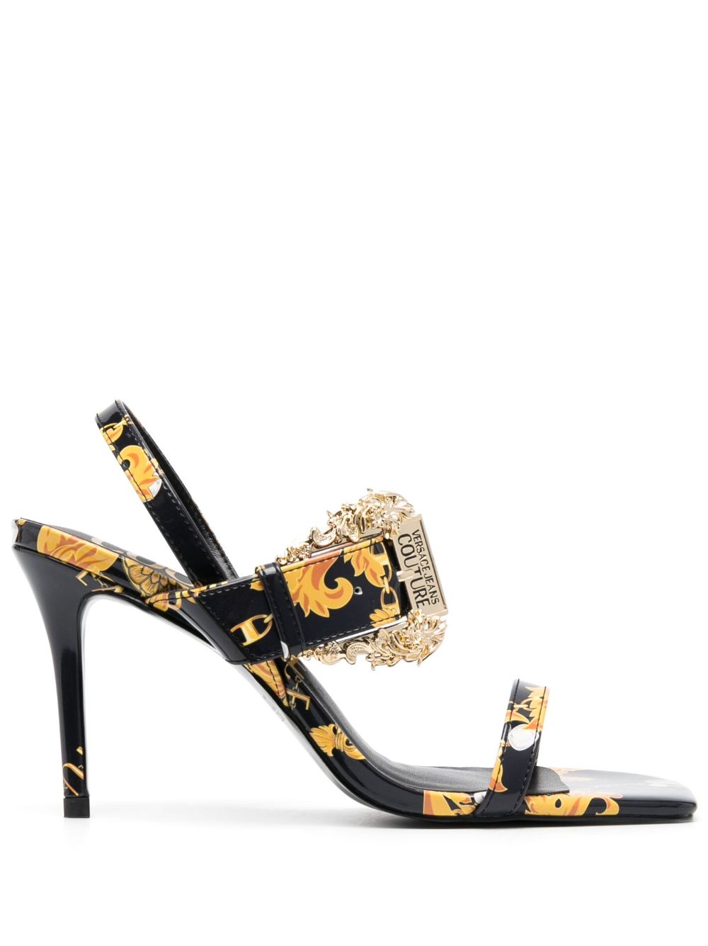 Versace Jeans Couture 巴洛克印花方头高跟凉鞋 - 黑色