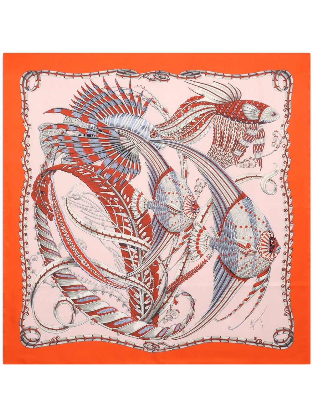 Ferragamo 小鱼印花真丝软薄绸围巾 - 橘色
