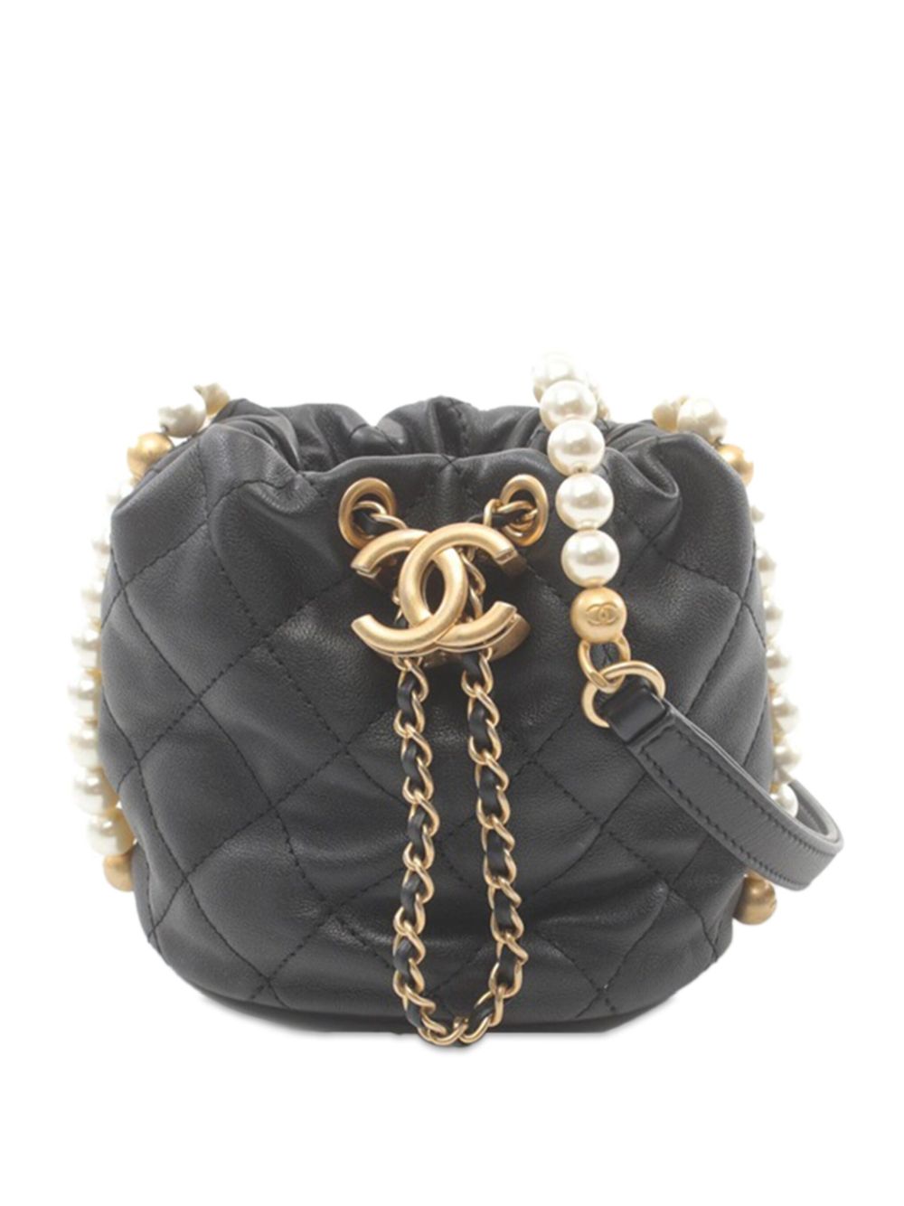 CHANEL Pre-Owned About Pearls Drawstring 迷你小牛皮水桶包（2021年典藏款） - 黑色