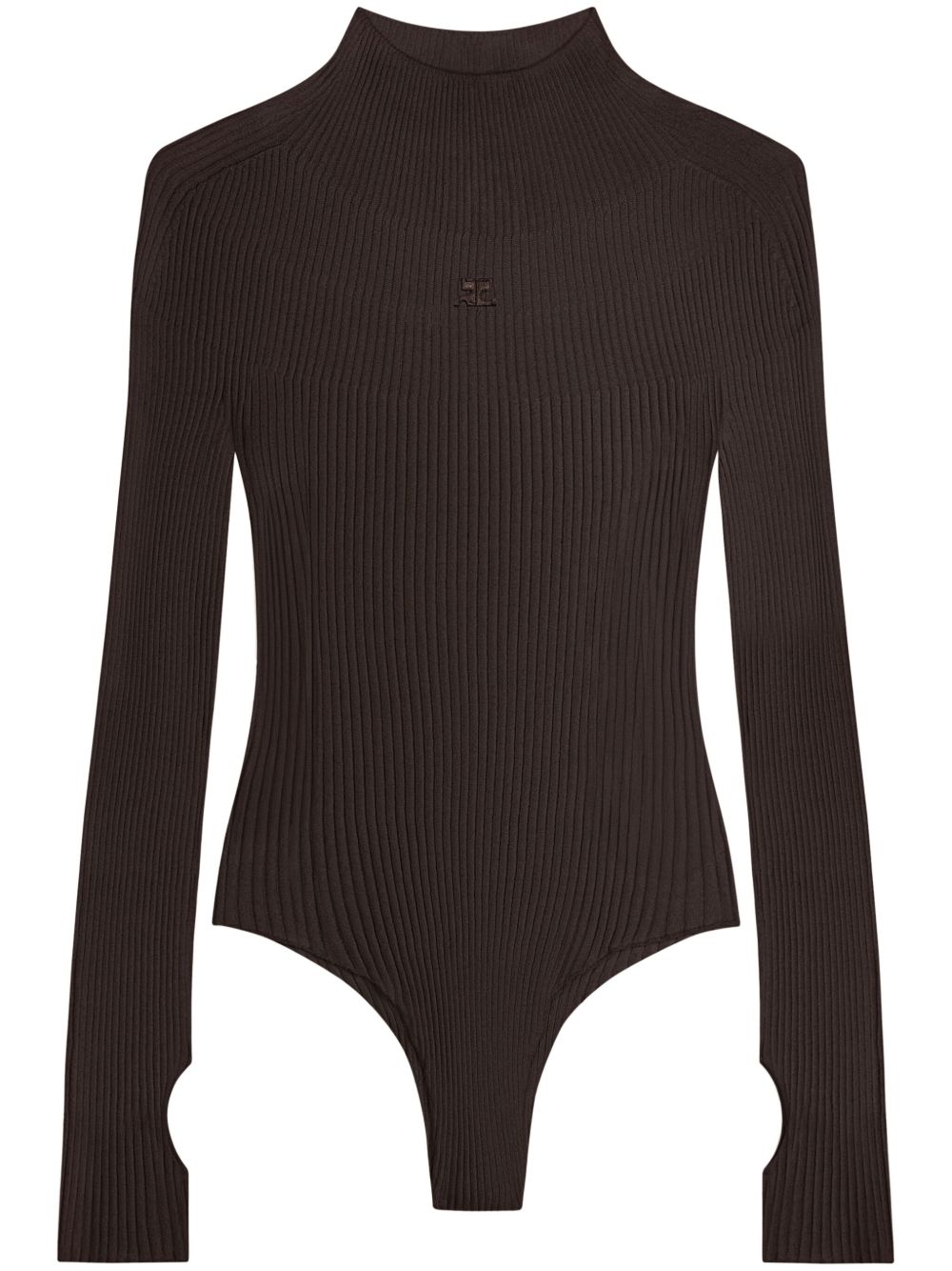 Courrèges logo刺绣罗纹连体紧身衣 - 褐色