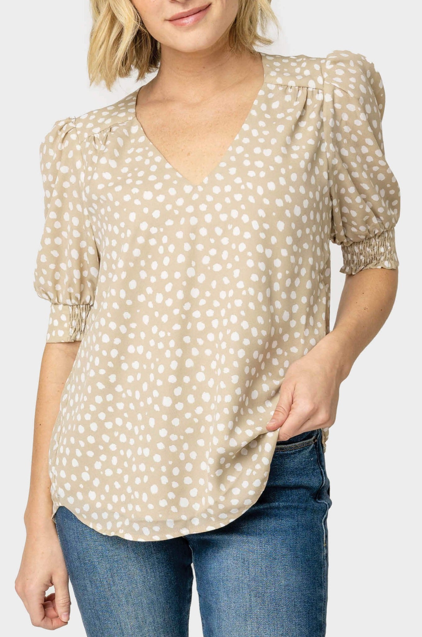 Puff Sleeve V-Neck Blouse - Latte Abstract Dot XXS