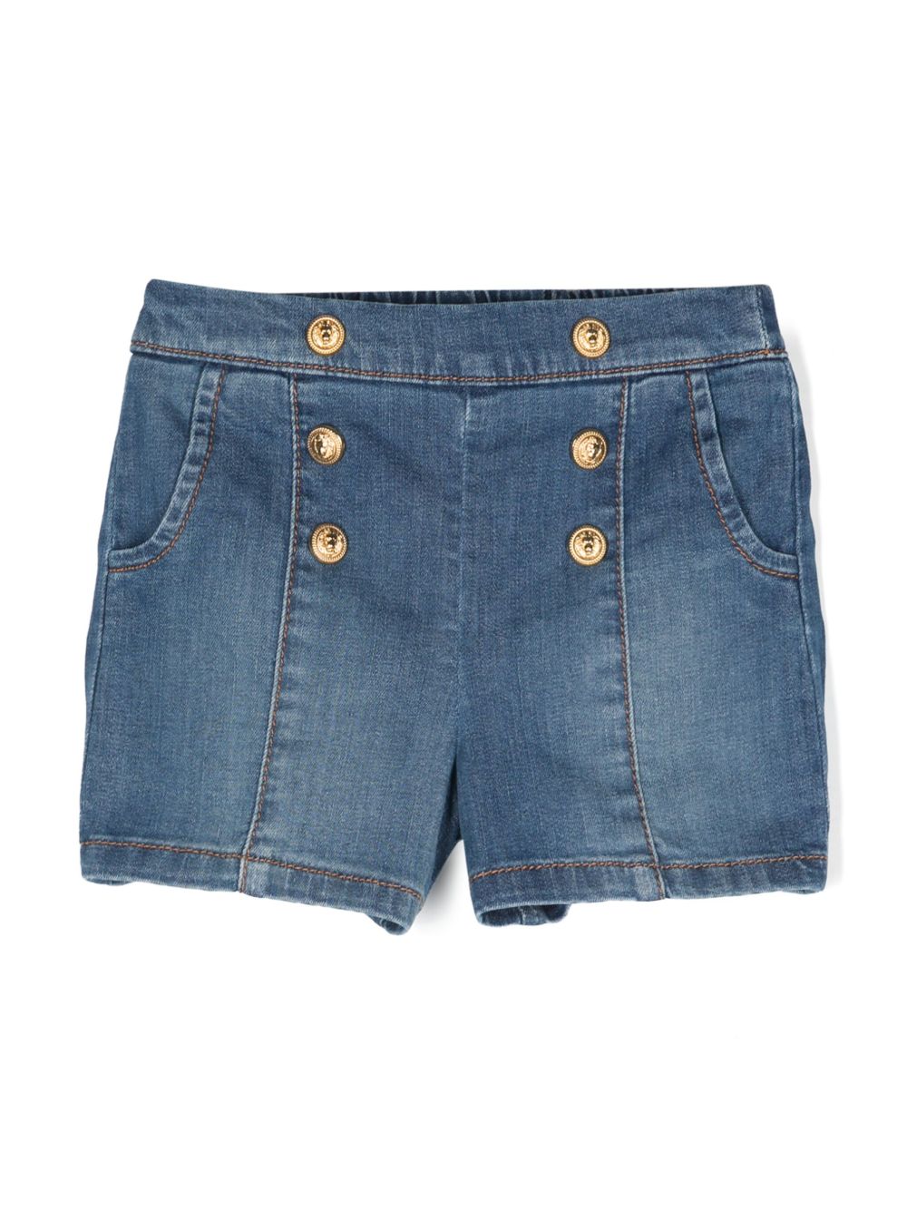 Balmain Kids Lion-Head 纽扣牛仔短裤 - 蓝色