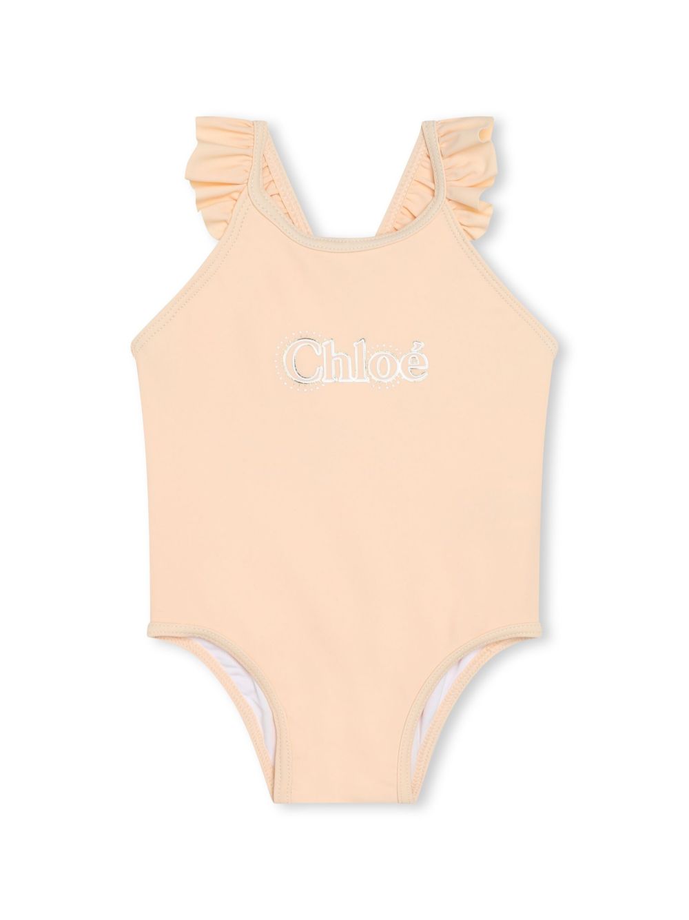 Chloé Kids logo刺绣荷叶边连体泳衣 - 中性色