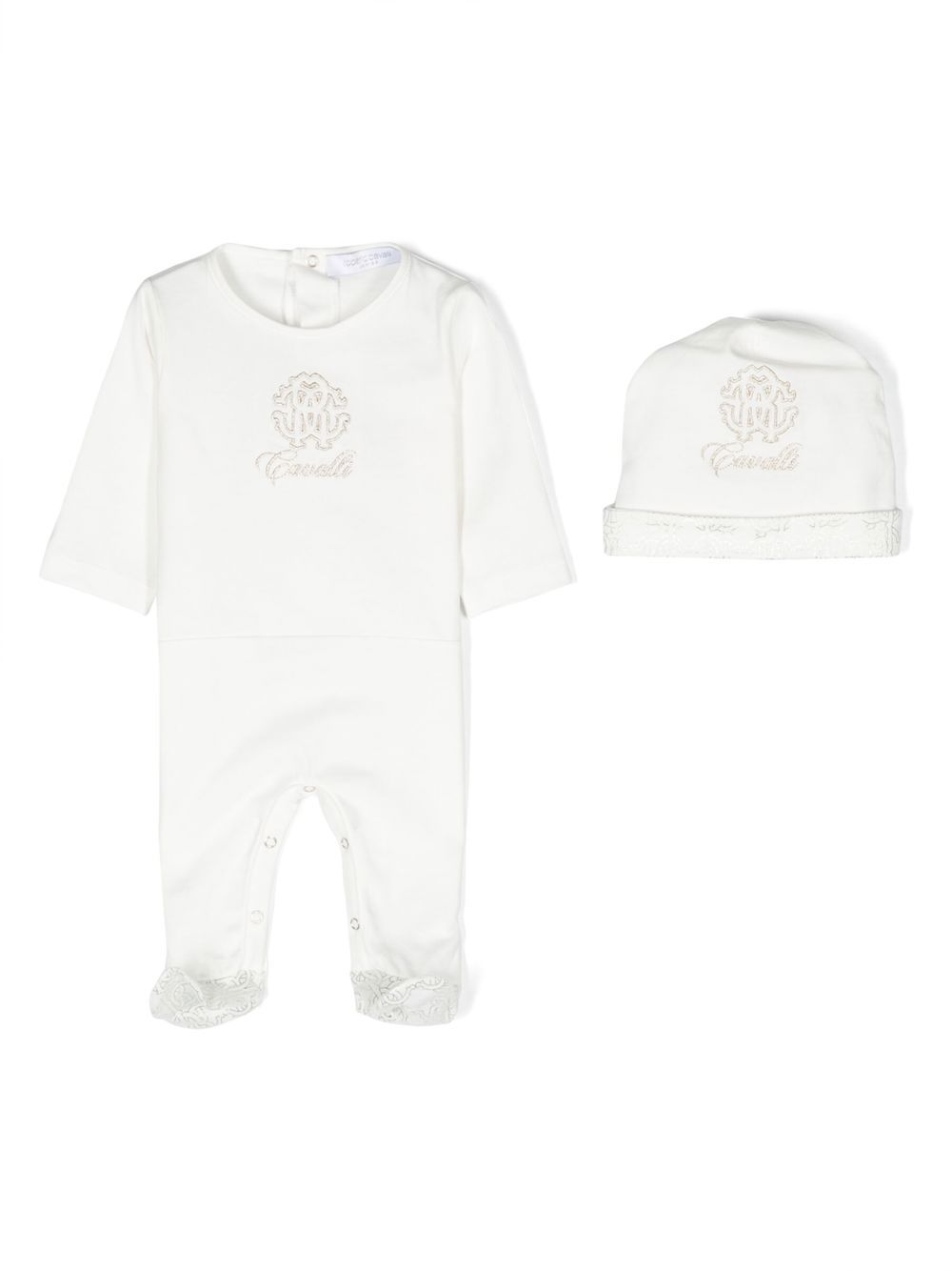 Roberto Cavalli Junior logo刺绣连体衣套装 - 白色