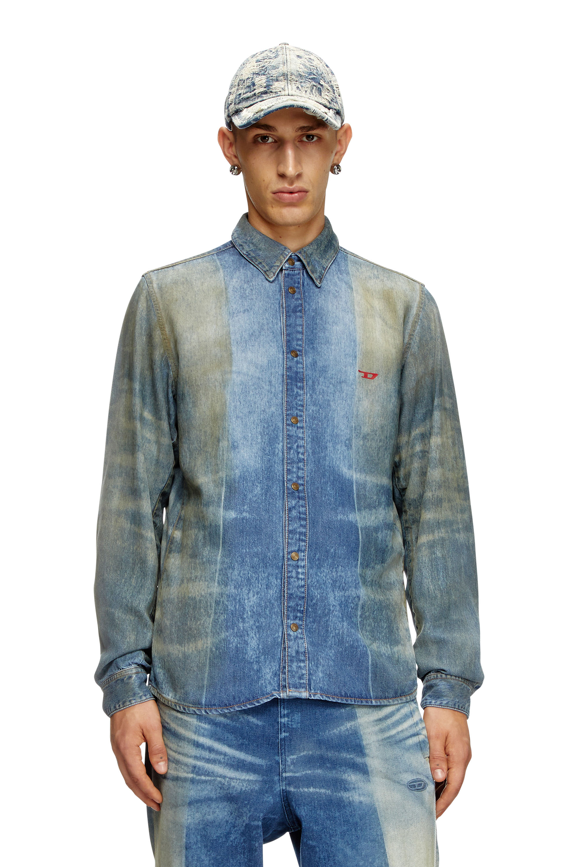 Diesel - Denim shirt with solarised folds - Denim Shirts - Man - Blue