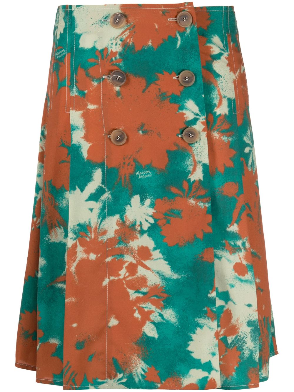 Maison Kitsuné Bouquet 印花百褶裹身式半身裙 - 褐色