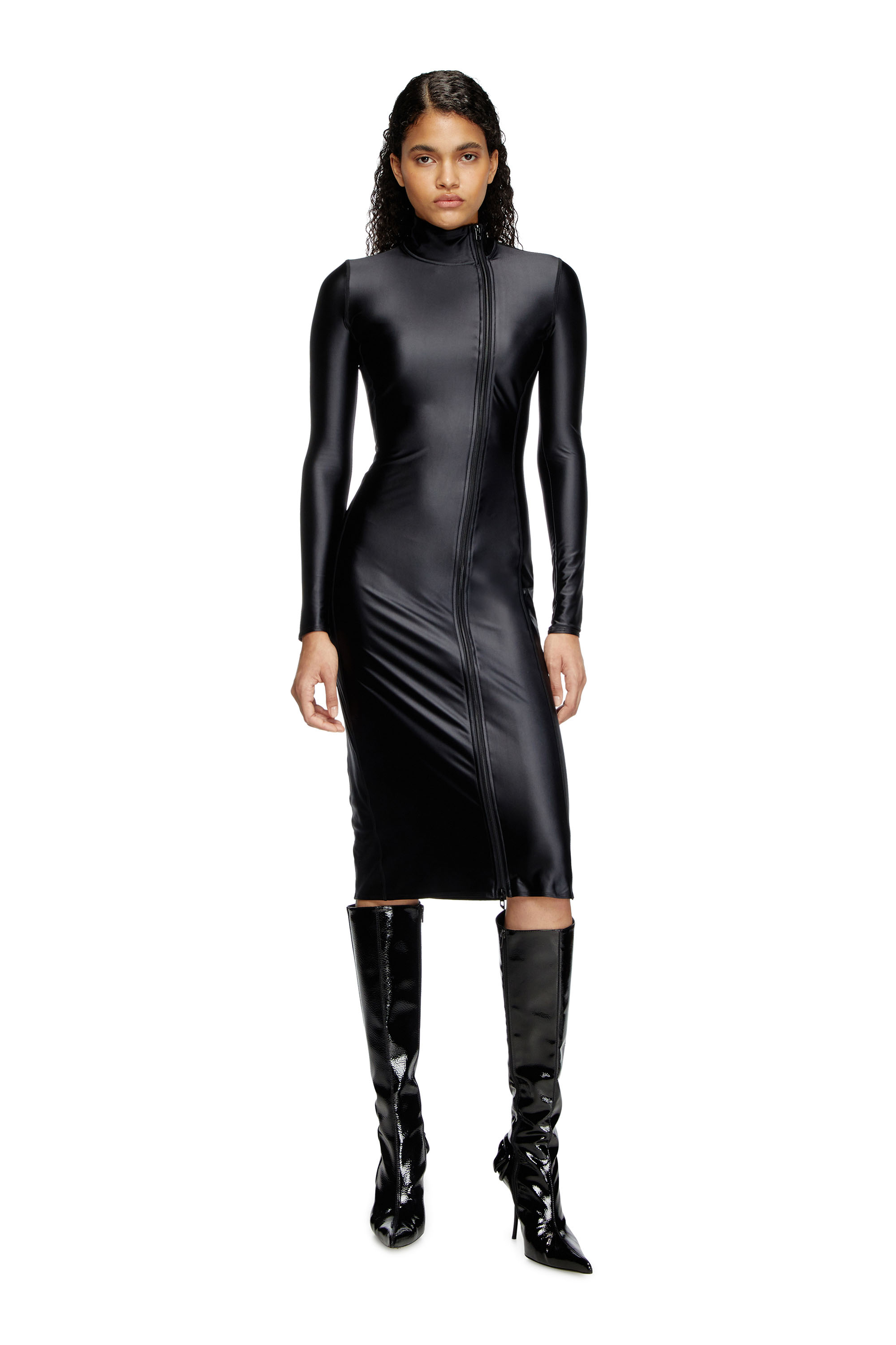 Diesel - Mock collar long-sleeve midi dress with chintz finish - Dresses - Woman - Black