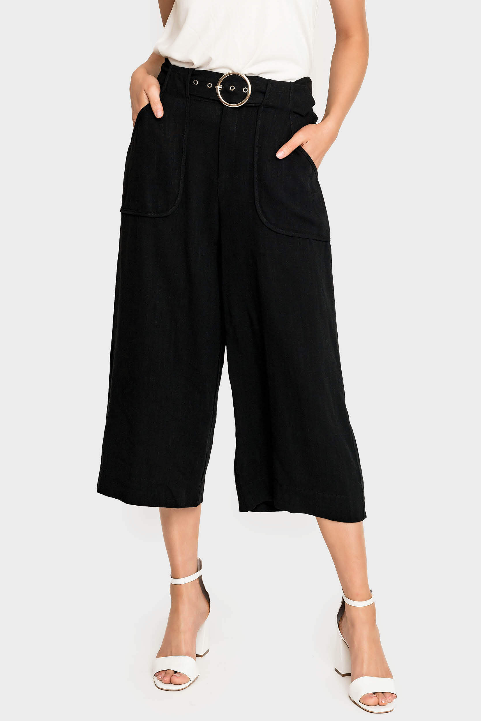 GIGI Belted Linen Cropped Trouser - Black L