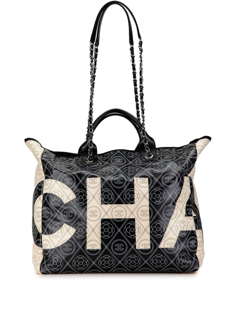 CHANEL Pre-Owned Camellia Logo Deauville Shopping Tote 涂层帆布斜挎包（2018年典藏款） - 褐色