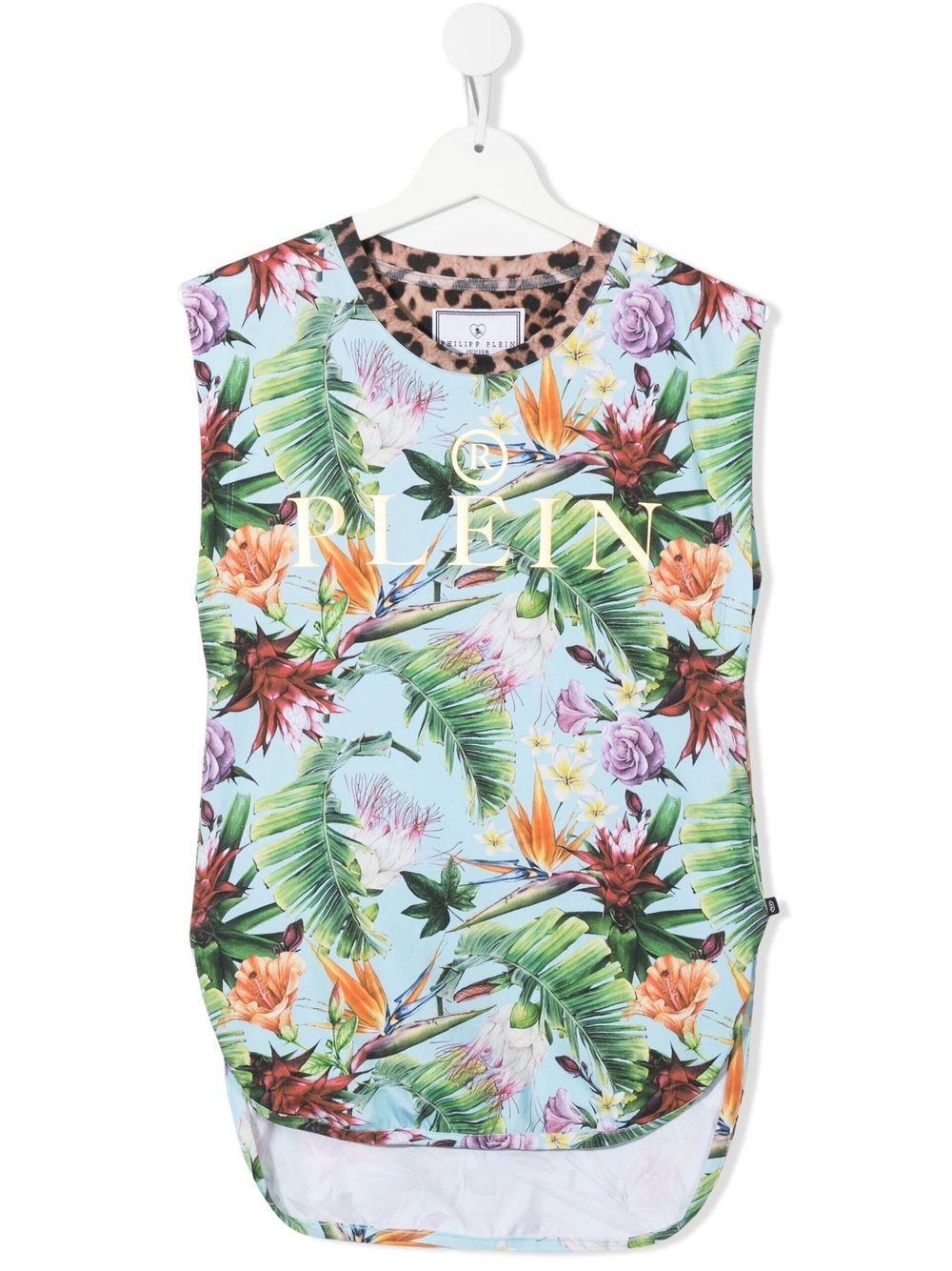 Philipp Plein Junior logo花卉印花连衣裙 - 蓝色
