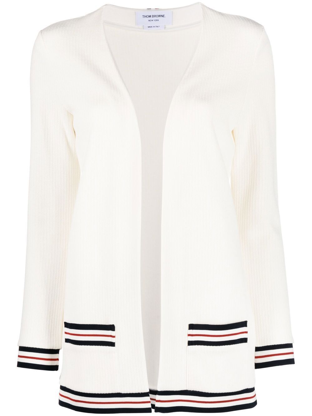 Thom Browne 红白蓝条纹罗纹开衫 - 白色