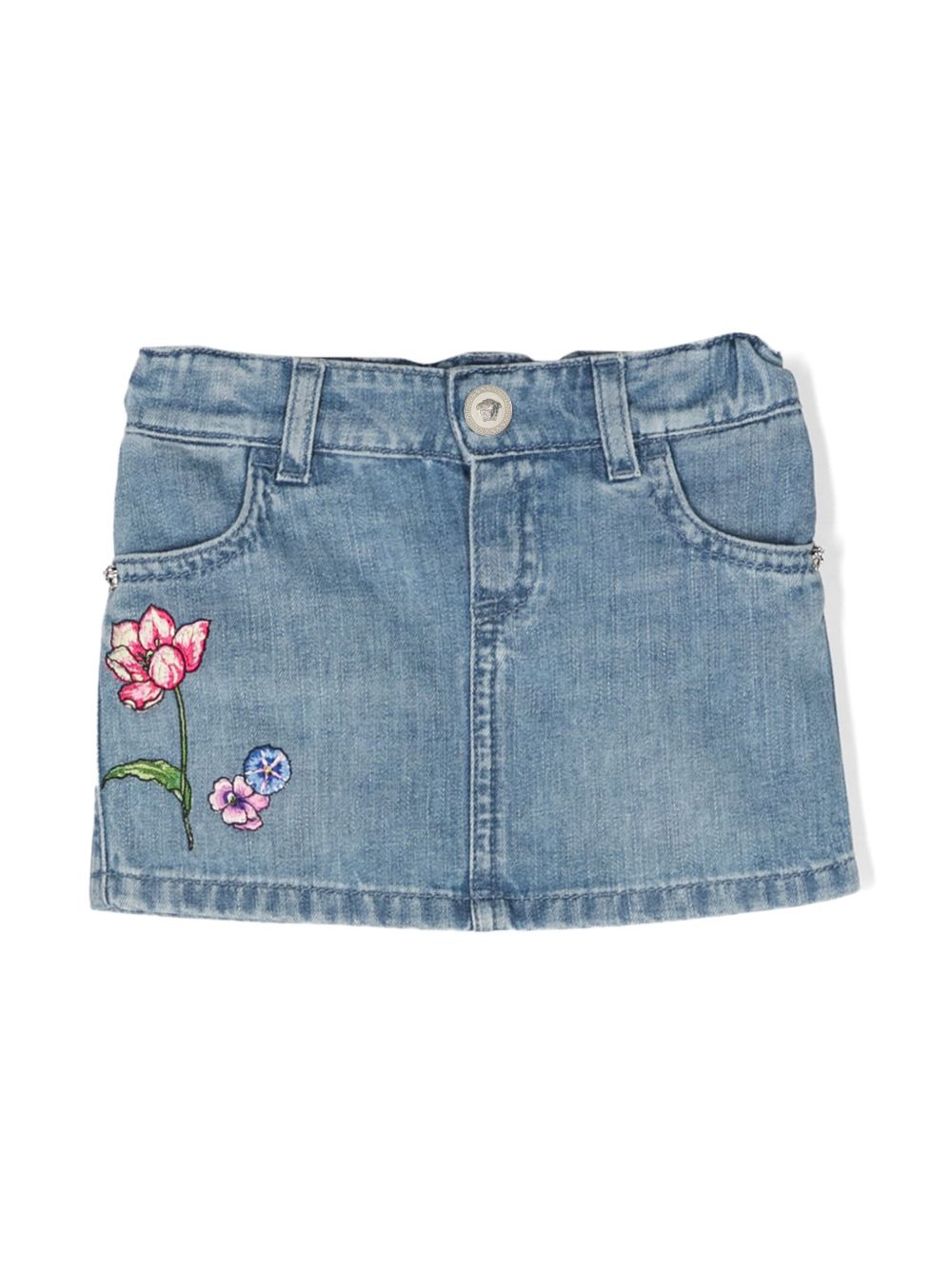 Versace Kids 花卉刺绣牛仔迷你半身裙 - 蓝色