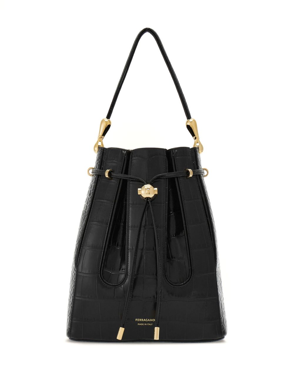 Ferragamo 中号压纹皮质水桶包 - 黑色