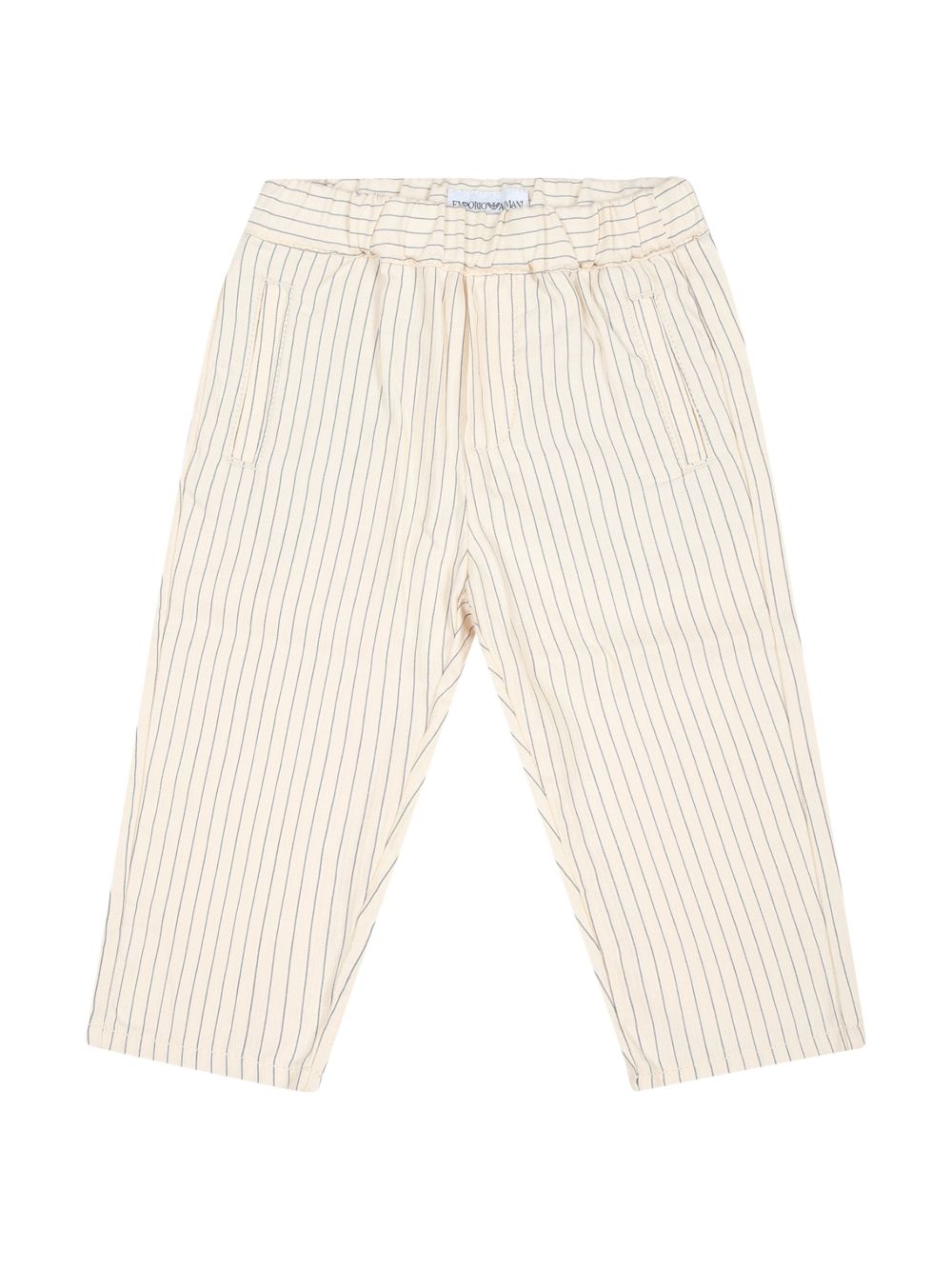 Emporio Armani Kids 棉麻混纺条纹长裤 - 白色