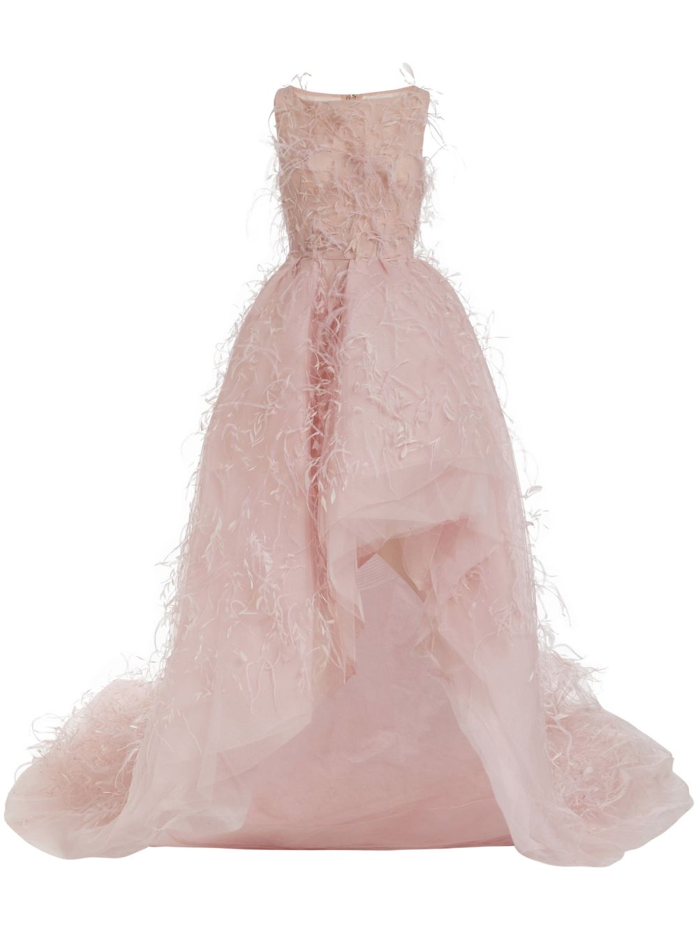 Marchesa 羽毛缀饰伞形礼服 - 粉色