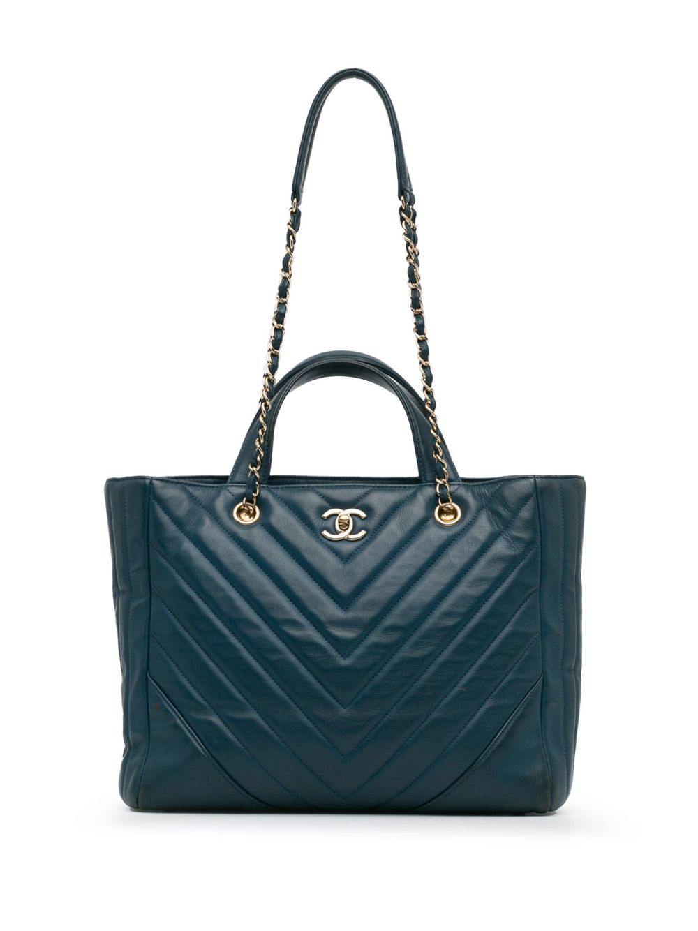 CHANEL Pre-Owned CC Statement Shopping Tote 人字纹图案小牛皮斜挎包（2017-2018年典藏款） - 蓝色