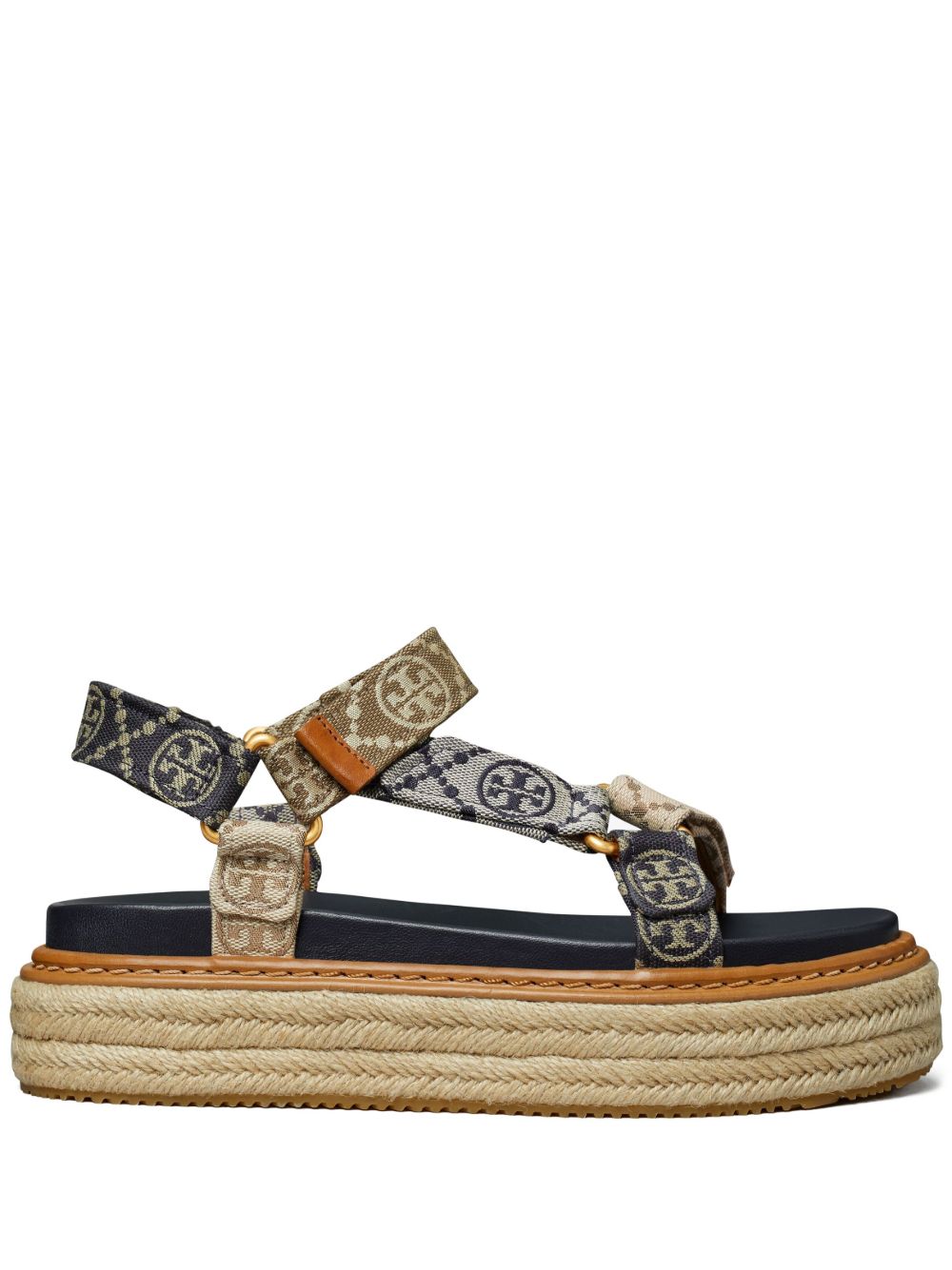 Tory Burch 经典logo图案露趾草编鞋 - 蓝色