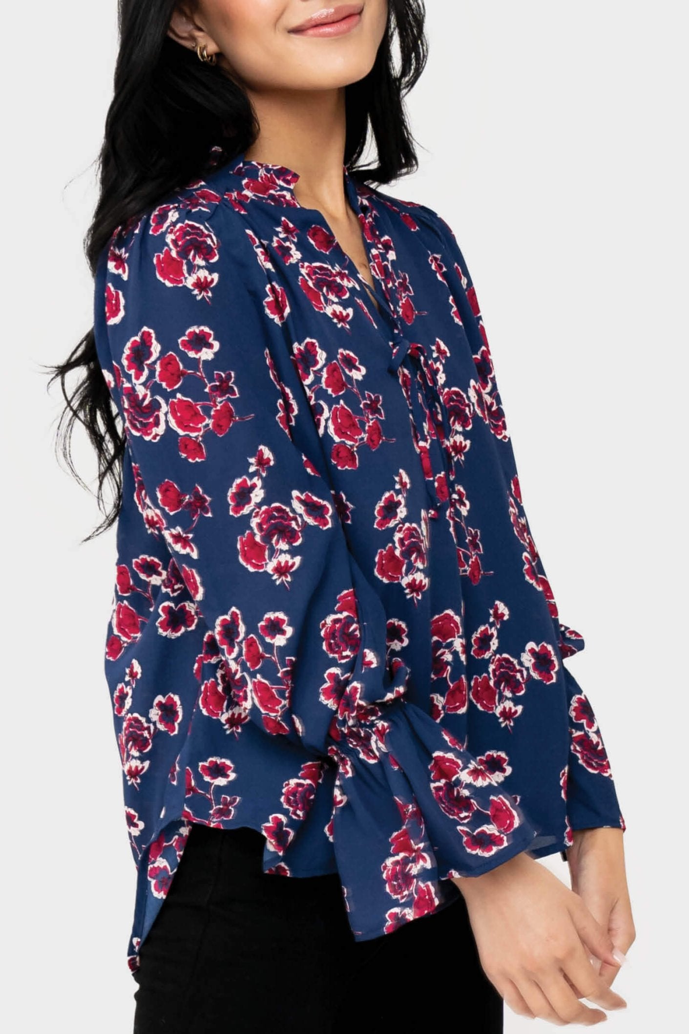 Open Tie Neck Voluminous Blouse - Blue Depths Floral M