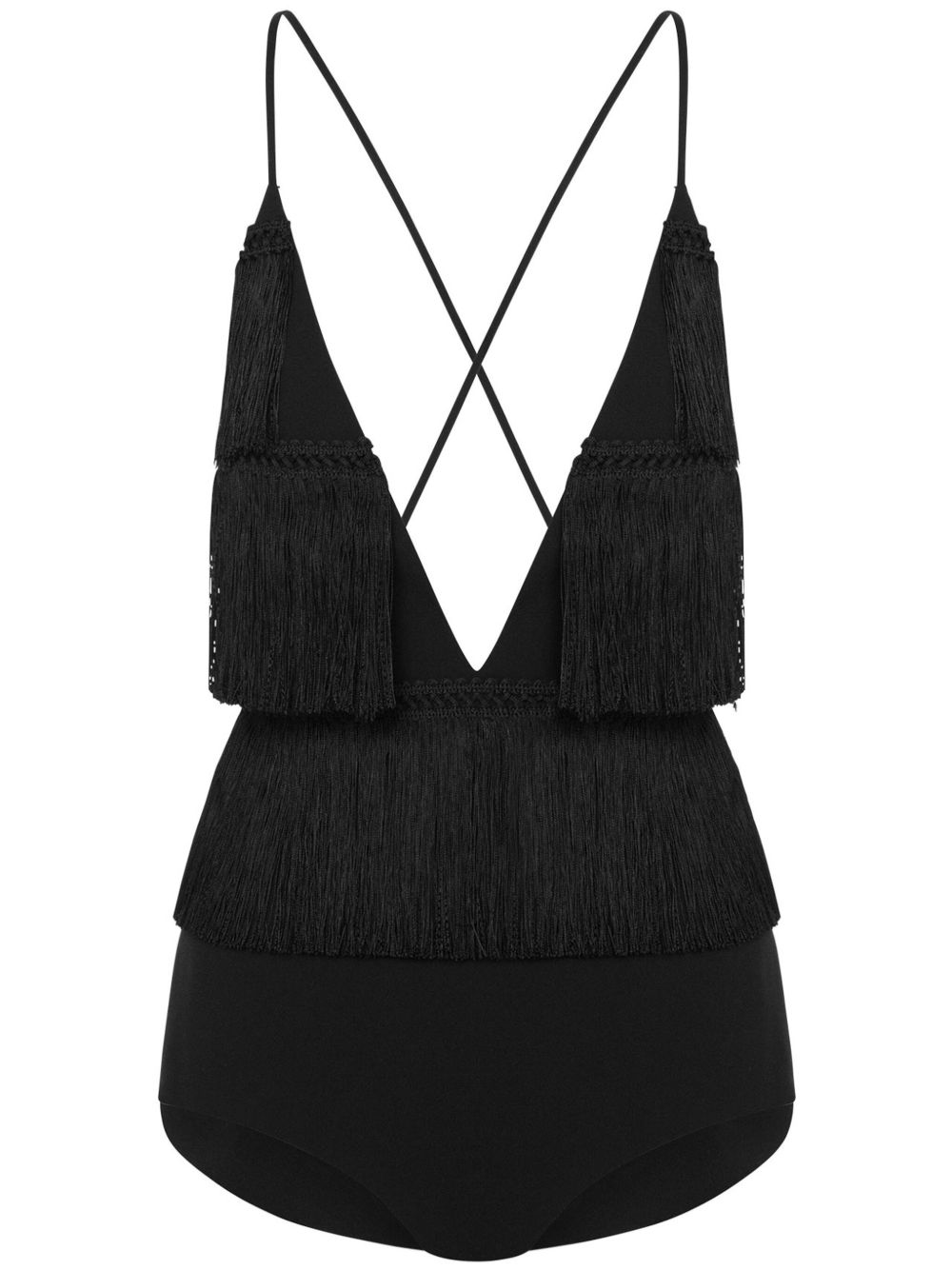 Moschino 交叉细节流苏连体紧身衣 - 黑色