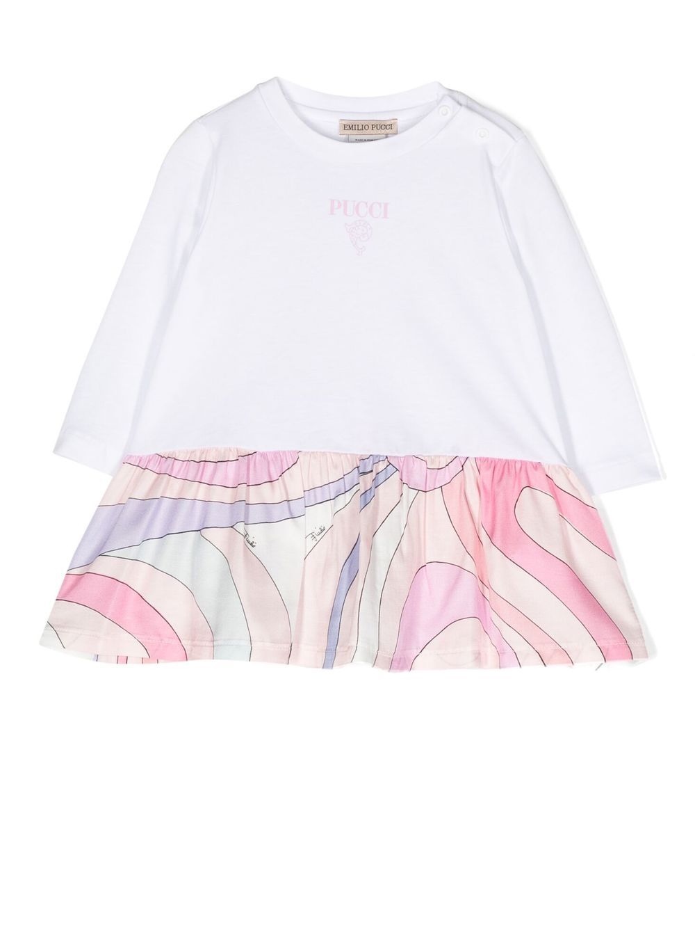 PUCCI Junior 波纹束腰伞摆长袖连衣裙 - 白色