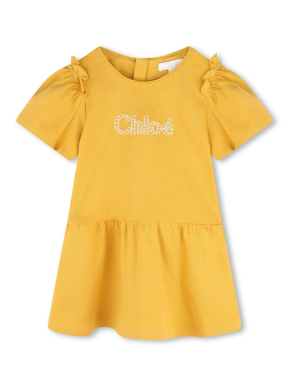 Chloé Kids logo刺绣棉连衣裙 - 黄色